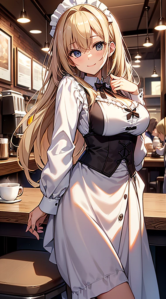 tmasterpiece,8K quality,Extremely high level of detail,1girll, 独奏, Big breasts Asuna, long whitr hair,Exquisite facial features,thick thight, (the maid outfit, White panty hose), Cafe background