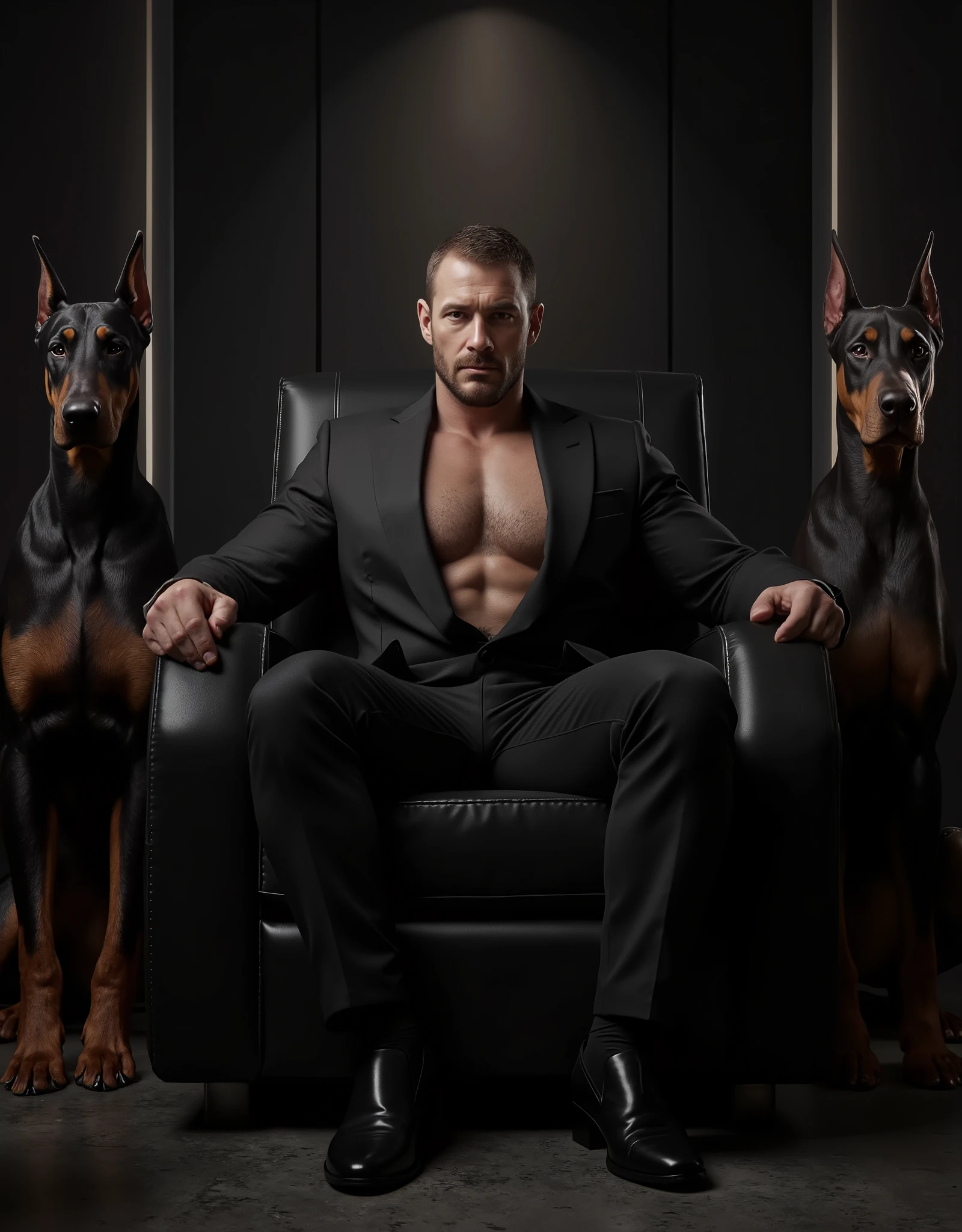 Masterpiece, Accurate, Award Winning, Best Quality, Extremely Detailed, 8K, HD, Super-Resolution, Realistic Textured Skin, F/11 Depth Of Field, Photorealistic, Full Coloured, Shot on 70mm, 5D. Create a powerful and intimidating image of a ruthless hitman or mob leader, tall, handsome, muscular bodybuilder, 50 years old, stereotypical model features, (wide round nose, full lips, large expressive eyes, rounded jawline, fuller cheeks), bodybuilder physique, hero proportions, thick neck, wide shoulders, thick powerful hairy chest, thick waist, seated in a sleek, modern black leather armchair, exuding an aura of absolute dominance and control. He is dressed in a ((sharp, all-black ensemble)), consisting of a ((tailored black suit, black dress shirt, and polished black leather shoes)), perfectly fitted to his imposing frame. His ((piercing gaze and expression of cold calculation)) send a clear message—he is not a man to be crossed. Flanking him are ((two massive black Dobermans, their muscular frames poised and their eyes alert)), standing at attention like loyal sentinels, radiating both elegance and menace. Their sleek coats gleam under the moody, low lighting, casting long shadows that add to the atmosphere of danger and power. The background is ((minimalist and modern, with dark tones and subtle lighting accents, hinting at luxury and control)), reinforcing the aura of a man who operates in the shadows yet commands respect. His ((hands rest effortlessly on the armrests, fingers subtly tapping, as if contemplating his next move)), his posture relaxed yet commanding. The entire composition embodies lethal sophistication, dominance, and the quiet intensity of a true underworld figure.