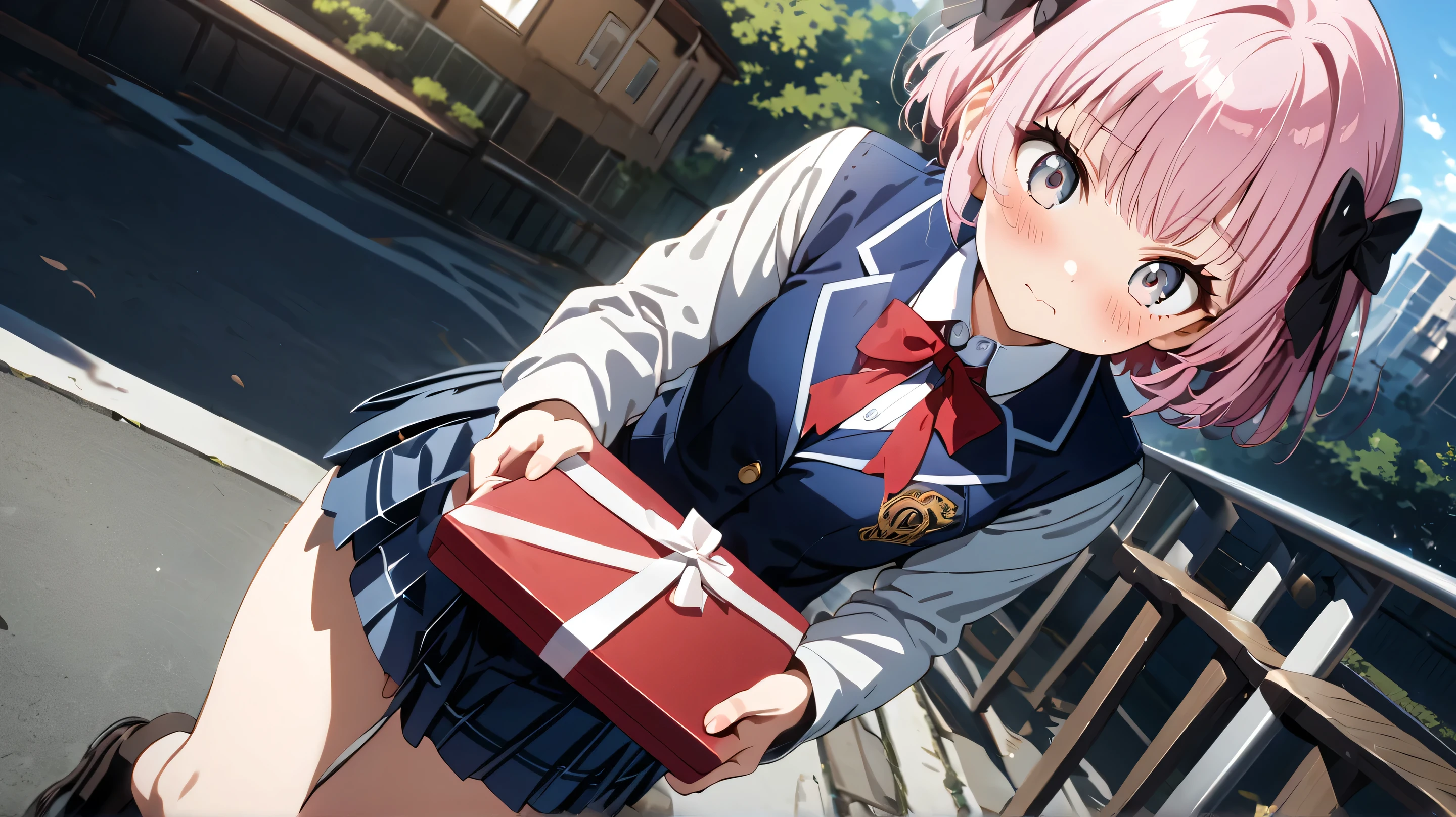 ((fullbody)), standing,Source Anime, (Masterpiece), (Best Quality)), (Very Detailed), ((Cute)), (Amazing), (Detailed)), 4K, (8k), Highest Quality , (beautiful), perfect anatomy, ((perfect hands)), (perfect fingers)
ultra-definition depiction,
break
(( 1girl )), 's ears oldhort hair, quick bangs、round face、,, pink hair, ((grey eyes)), hair bow, close your eyes、 embarrassed face、 blushes my cheeks、 high school girl uniform、natural make up、 Dutch Angle, is putting both hands forward and handing over a gift box with the X logo on it
BREAK
High school gymnasium walkway background