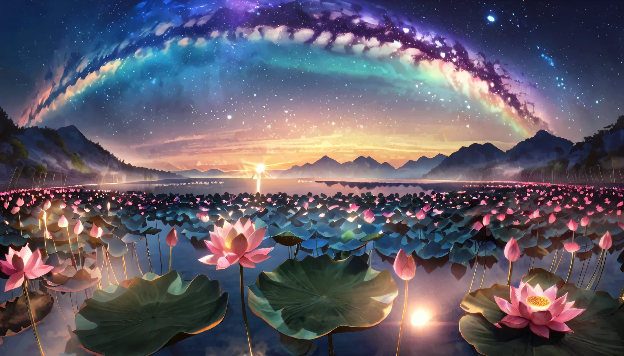 超 high image quality , high image quality , high quality , Spectacular Scenery , The majestic Pure Land paradise ,((( A large group of huge and very beautiful lotus flowers that fill the surface of the lake))),((( 1000 lotus flowers blooming on the lake surface ))),((A large number of overlapping realistic lotus flowers)),(( Gorgeous lotus flowers that proliferate infinitely )), ((( beautifulデジタルペインティング 眩い程Shine夕日))),( Composition taken with a fisheye lens ),一部にstar空, Milky Way, star, star屑, Milky Way, 流star, star空観察 , horizon , silhouette , beautiful山々, ((( Lake with lots of lotus flowers blooming ))),((( A large group of huge and very beautiful lotus flowers that fill the surface of the lake))),((( mystical atmosphere ))), beautiful夕日 , green, purple , black, Darkness, Shine, Majestic Atmosphere , Depth, Superb view from above , silence, Awe, hope, Romance, timelapse, Astrophotography, beautiful, landscape, Andreas Rocha, beautiful空のグラデーション , Spectacular Wallpaper , Distorted shape , beautiful壁紙, Actual Scenery , The brilliance of the auroras ,湖面にstar空が映る,