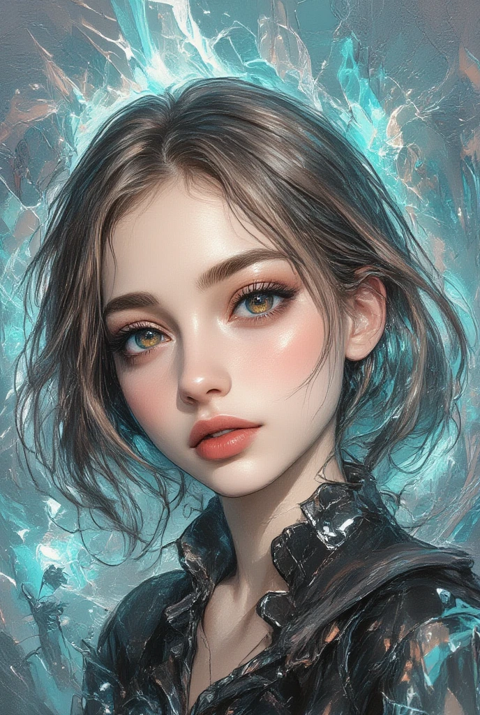 menina,gotica ,brilho radioativo, arte abstrata, foco no personagem, olhos com reflexo , ceu estrelado , galaxias