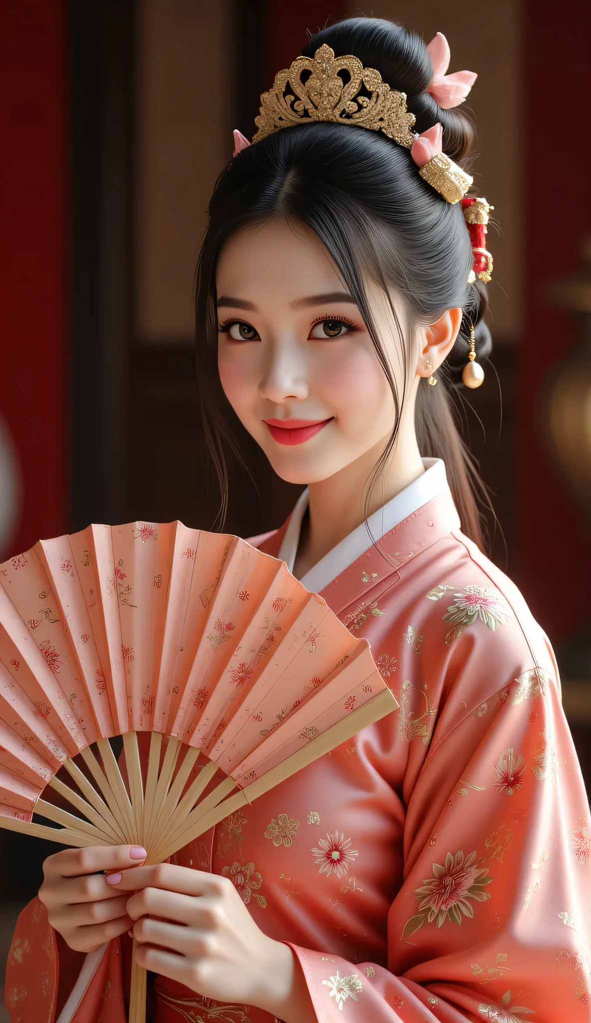 Create a stunning wide-angle image set in the ancient Han Dynasty, featuring a hyper-realistic portrayal of an elegantly dressed Chinese courtesan. She should be depicted with a radiant smile and a gentle blush, showcasing her lush appearance and intricate traditional hanfu kimono that hugs her figure. In her hand, she gracefully holds an elaborately designed large folding fan, crafted with exquisite detail that draws the viewer's eye. The scene is set within the opulent interiors of an ancient Chinese palace, characterized by soft lighting that enhances the depth of field. Focus on the realistic depiction of her hands, fingers, and glossy hair, ensuring each element captures the lifelike quality of the image. The composition should include symmetrical leading lines to create balance, and the overall aesthetic should reflect the high-quality standards of contemporary modeling photography with influences from Artstation, Deviantart, and Unreal Engine art. The final piece should resonate with ultra-realistic texture depth in 8K ultra high definition, exuding the artistry of silkPunkAi.