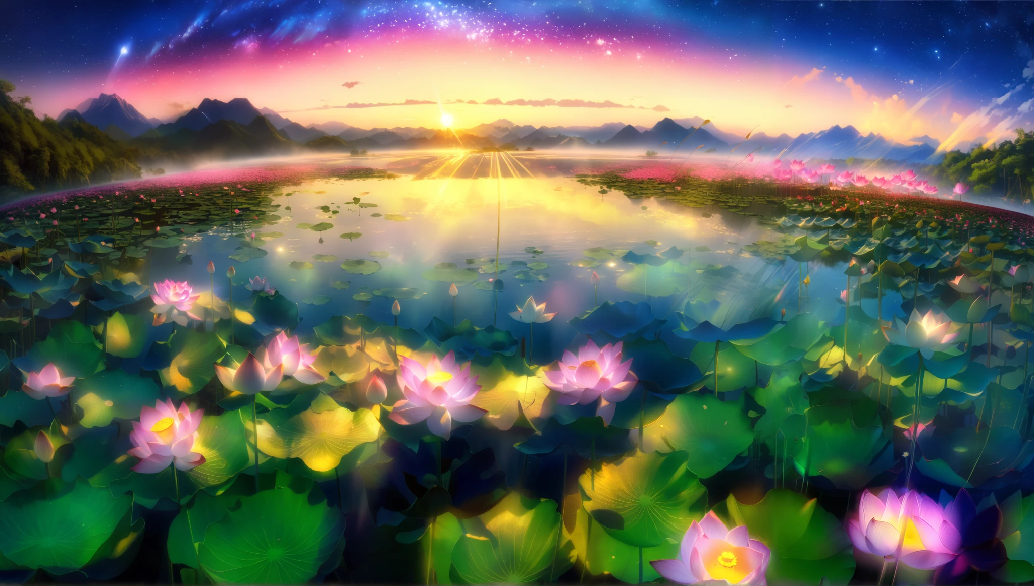 超 high image quality, high image quality, high quality , Spectacular Scenery , Magnificent Pure Land of Paradise ,((Heavenly world)),((( A large group of huge and very beautiful lotus flowers that fill the surface of the lake))),(((There are 100000 lotus flowers on the surface of the lake))),((Large groups of overlapping realistic lotus flowers)),((A gorgeous lotus flower that multiplies infinitely)), ((( Realistic Lotus Petals See-Through))),((( Beautiful Digital Painting ))),(((眩い程Shine夕日))),( Composition taken with a fisheye lens ),一部にstar空, Milky Way, star, star屑, Milky Way, 流star, Stargazing , horizon , silhouette ,Beautiful Mountain々, ((( A lake with so many lotus flowers blooming))),((( A large group of huge and very beautiful lotus flowers that fill the surface of the lake))),((( mystical atmosphere))), Beautiful Sunset , green, purple , black, Darkness, Shine, Majestic Atmosphere, Depth, Superb view from above , silence, Awe, hope, Romance, timelapse, astrophotography,beautiful, landscape, Andreas Rocha, Beautiful Artistic Pictures , Real Scenery , The brilliance of the auroras ,湖面にstar空が映る,