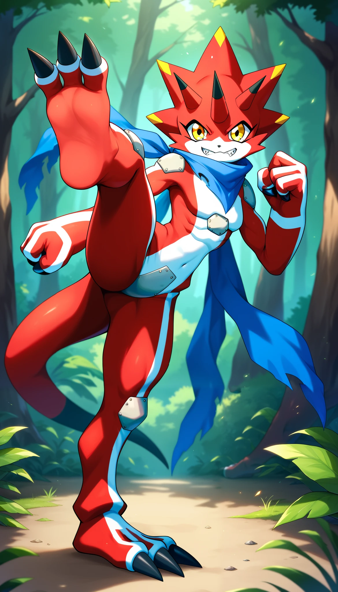 score_6_up,score_7_up, score_8, score_9, betelgammamon, digimon (creature), red skin, scarf, yellow eyes, standing, clenched teeth, angry smile, detailed body, detailed face, detailed eyes, fist, full body, feets with three toes, thick outline, countershading, cute, forest, flexible, fly kick, kick act, fight stance, Kick at viewer, feet Focus, jump,