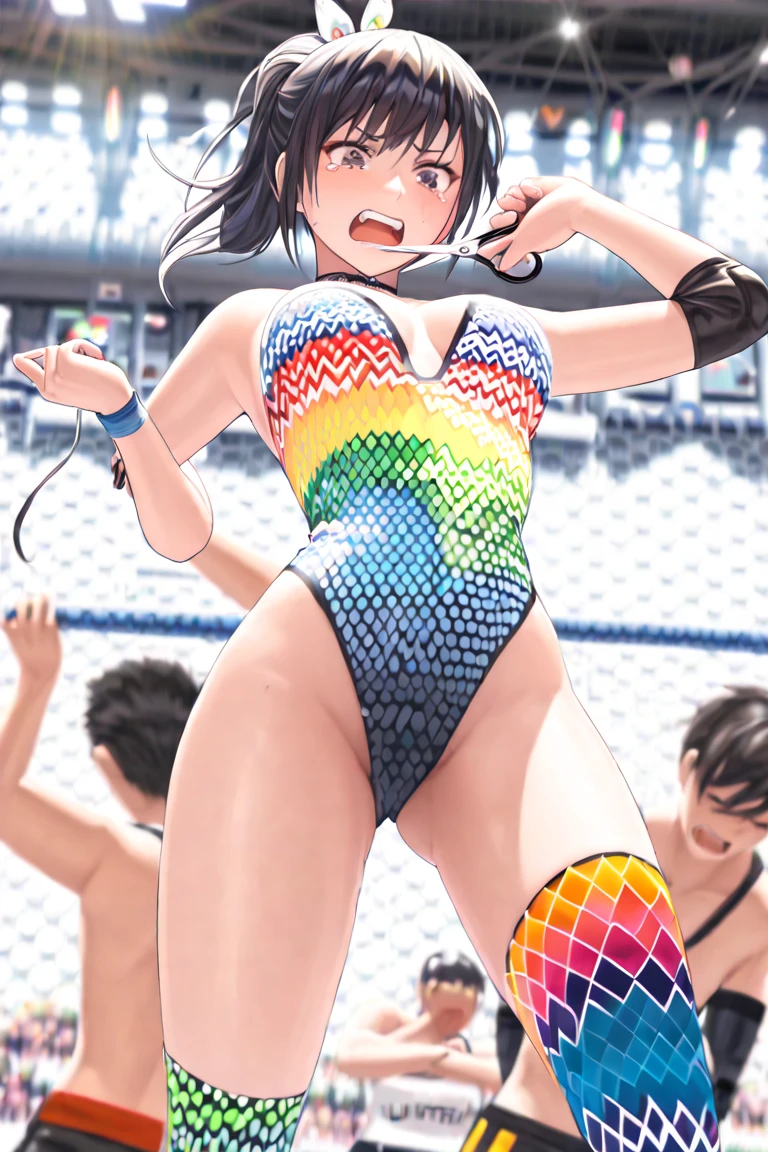 (Sports magazine cover photo), Highest quality, Great quality, 16K, Unbelievably absurd, Very detailed, delicate and dynamic, Natural light, Particles reflect light, Diffuse reflection of light, Many rainbow-colored petals fall, Beautiful sandy beach, Shining Sun, Diffuse reflection of light, Create amazing image effects, , Wet, sweating, Beach Volleyball, receive, close(Cute sexy girl, A large, swaying bust, Sensual expression, Cool girl, Severe, passion, dynamic, Flashy swimsuit, ,audience , much-air-laden cheer)