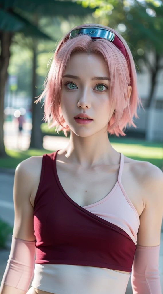 young woman, short shoulder-length pink hair, wide forehead, porcelain skin, pink eyebrows, big emerald green eyes, buttoned nose, full lips, heart-shaped face, slender body, small breasts, red tank top, Sakura Haruno , realistic, realism, details, 3d, well detailed