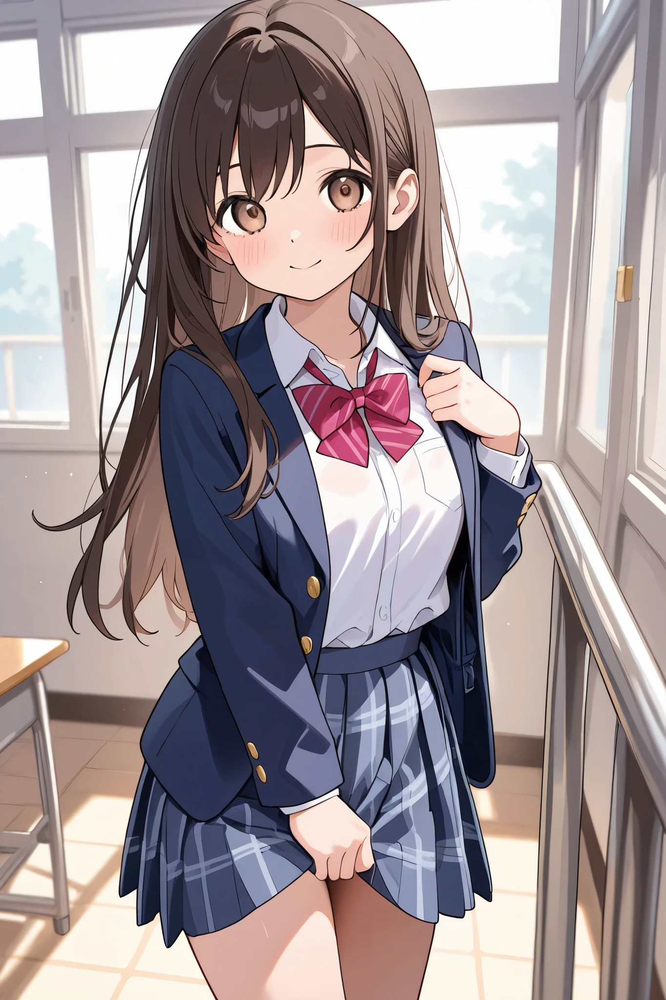 A female high school student who makes a skirt stand up、
