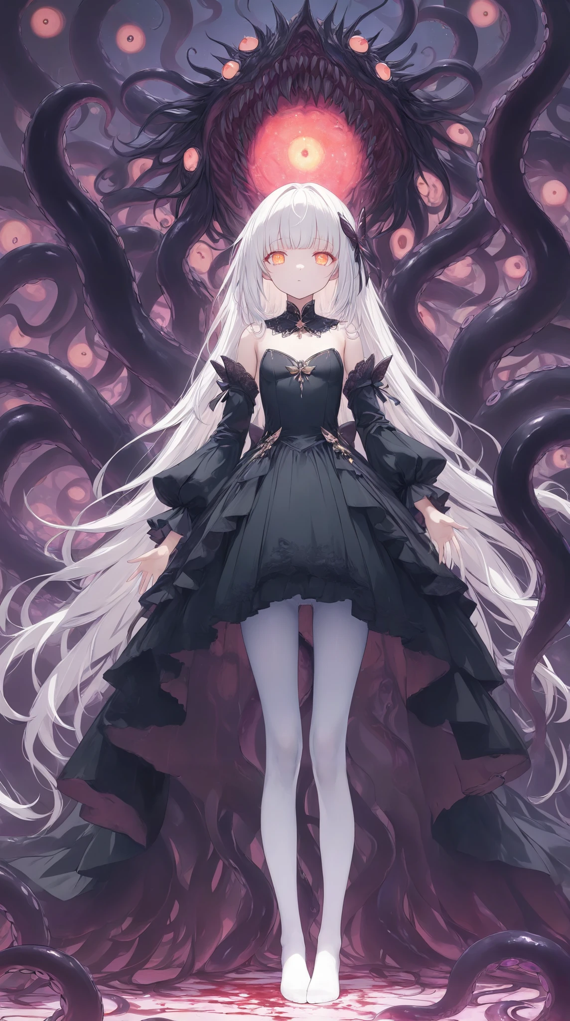 ultra-high resolution ,wallpaper, art book style , full-body photo ,Star, Butterfly,change, white hair ,Straight hair with full bangs, orange eyes,Pink Eyeshadow, Glowing Eyes, small boobs, white pantyhose,A li who is one meter four tall,black palace dress,Fashion changes ,stocking, is expressionless ,gaze, stands,Head tilt, long hair,(A flesh-and-blood monster with many eyes and tentacles), height detail, cinematic lighting, surreal atmosphere , bright color , 8k resolution,Show the sole of the foot,Open hands
