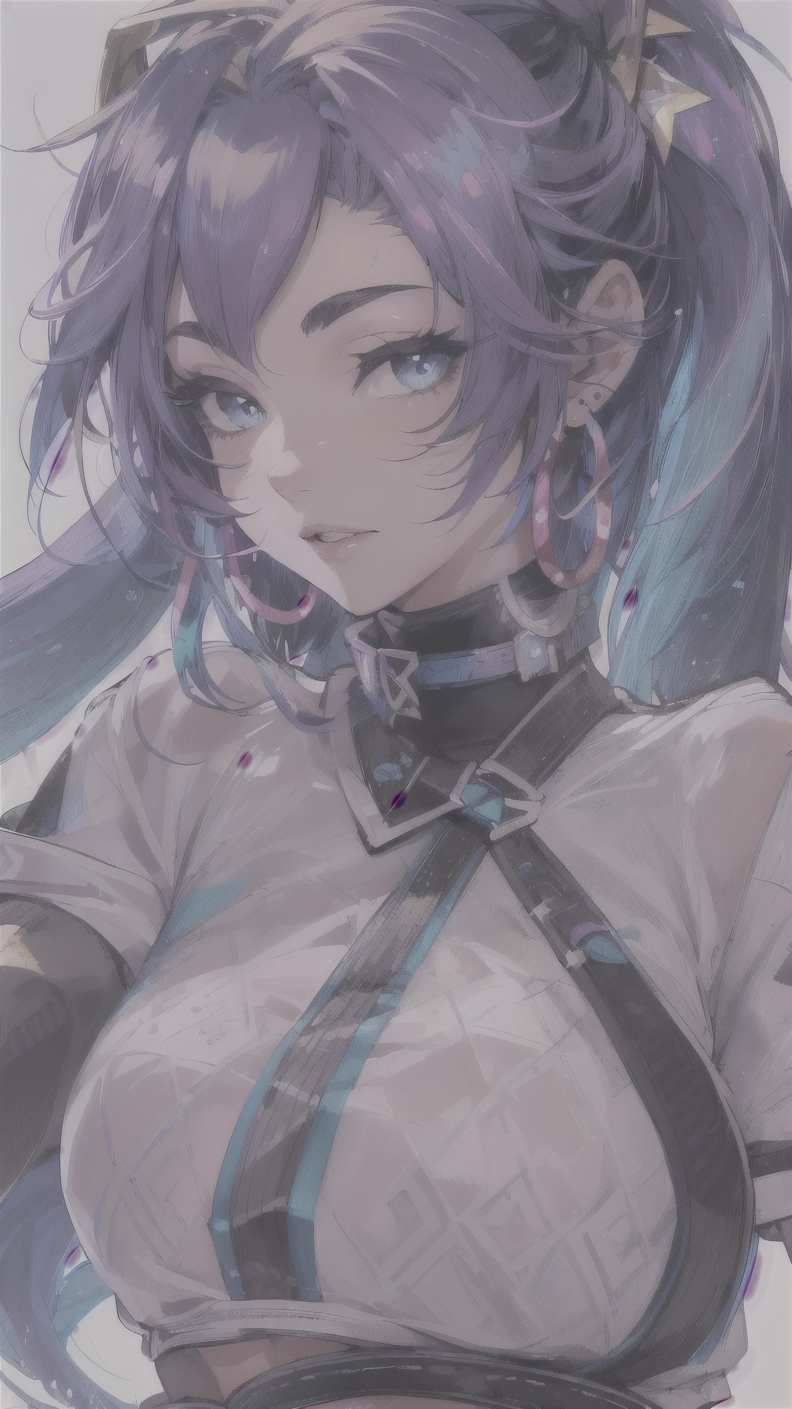 best quality,masterpiece,8potassium wallpaper,absurd, high resolution, Super detailed, (1 beautiful young girl, Solitary:1.1),potassium/and (League of Legends),(Spotassiumull Maspotassium:1.3), Sharp eyes,navel,fingerless gloves, cropped jacpotassiumet,jacpotassiumet, Colorful hair, samurai ponytail (foreign word)belt, earrings, Blonde hair, crop top, diaphragm, apotassiumali, mapotassiumeup,purple hair, open jacpotassiumet,Two-tone hair, Open your clothes, blue eyes, Lips, triangle earrings, belt bucpotassiumle, blacpotassium hair, breast, blacpotassium pants, hoop earrings, permanent, Blue gloves, Blue Hair, zipper,rest