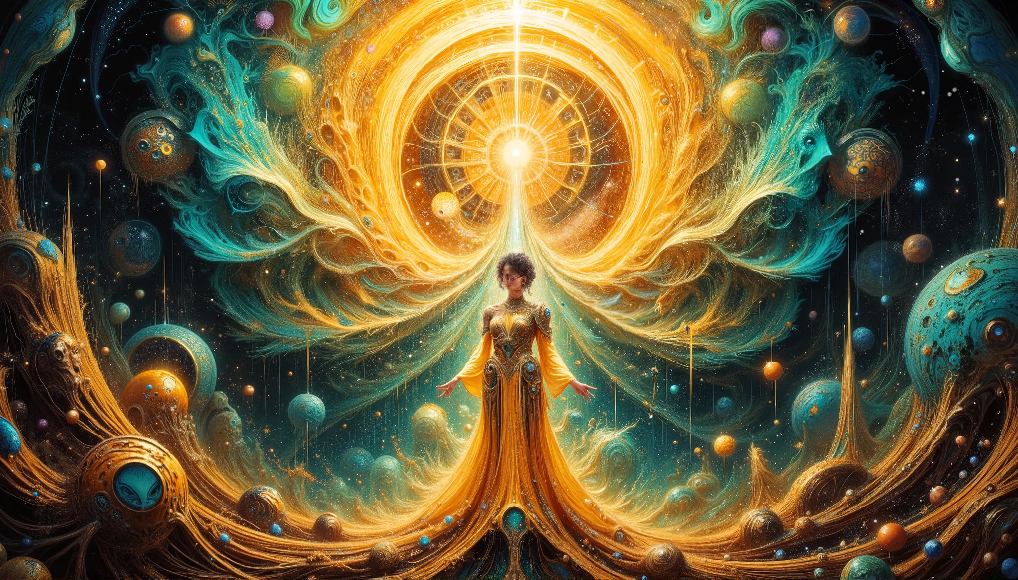 A serene, yet captivating digital artwork, blending the paradoxical harmony of chaos and order, reminiscent of the surrealist masterpieces of Salvador Dali, H.R. Giger, and Zdzisław Beksiński. A luminous, otherworldly female figure, draped in a flowing, diaphanous gown with an intricate, gold and teal pattern, adorned with mesmerizing zentangle doodles, stands poised at the center, radiating an aura of balance amidst the turmoil. Her delicate form is bathed in a soft, ethereal glow, as if illuminated by the gentle light of a thousand celestial bodies. The backdrop features a breathtaking, swirling vortex, evoking the melting, dreamlike quality of oil on canvas, with bold, vibrant brushstrokes and a predominantly matte finish, inviting the viewer to step into the realm of the surreal.