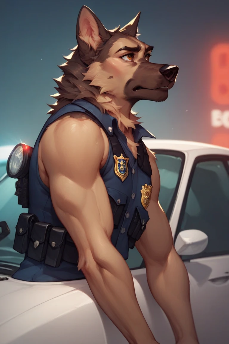 male wolf, (full nude,) ((only police cap, nipple pierce, only black shorts,)) sweating, dark empty park, covered huge semen, night, ahegao, orgasm face, blush, realistic, crawl all fours,
