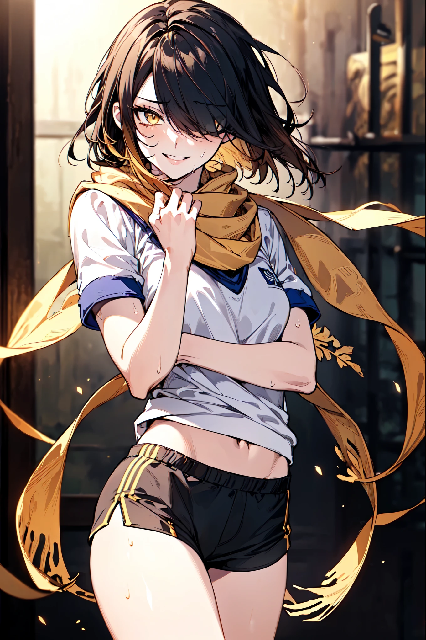 masterpiece, best quality, (detailed anime, video game art, extremely detailed CG unity 8k wallpaper), (best quality), (best illustration), (best shadow), absurdres, realistic lighting, (Abyss), dynamic pose, posing, dynamic, solo, 1girl, normal, (cowboy shot, short pants, hair covering one eye, hair over one eye:1.24), (seele hsr:1.4), (good anatomy, slender build, short transparent scarf, black hair, golden hair:1.13), boyshorts, gym clothes, sweat, looking over her shoulder, gym clothes, fitness, (golden eyes, hair, two tone hair, gradient hair, gold laurel:1.2), smirk, lip bite, shining body, glowing body