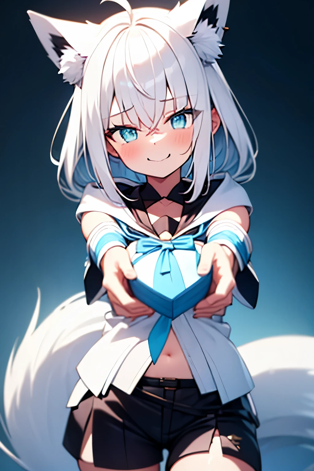 VTuber idol, age sensation, signature colors: light blue and white, fox tail, blue neckerchief, white hoodie, detached sleeves, white sleeves, exposed midriff, short shorts, black undershorts, thigh strap, one thigh-high sock, black knee-high sock, slightly tousled silvery-blue hair from performance, flushed cheeks, joyful and relieved expression, brightest smile, holding a beautifully wrapped Valentine’s chocolate in blue and white packaging, reaching out with both hands, looking at manager with deep gratitude, dressing room, soft blue and white lighting, cozy backstage atmosphere, glowing LED panels casting a cool bluish hue, delicate background bokeh, heartwarming moment, anime-style, high detail, ultra high resolution, 4K quality, cinematic lighting, soft glow, harmonious color balance