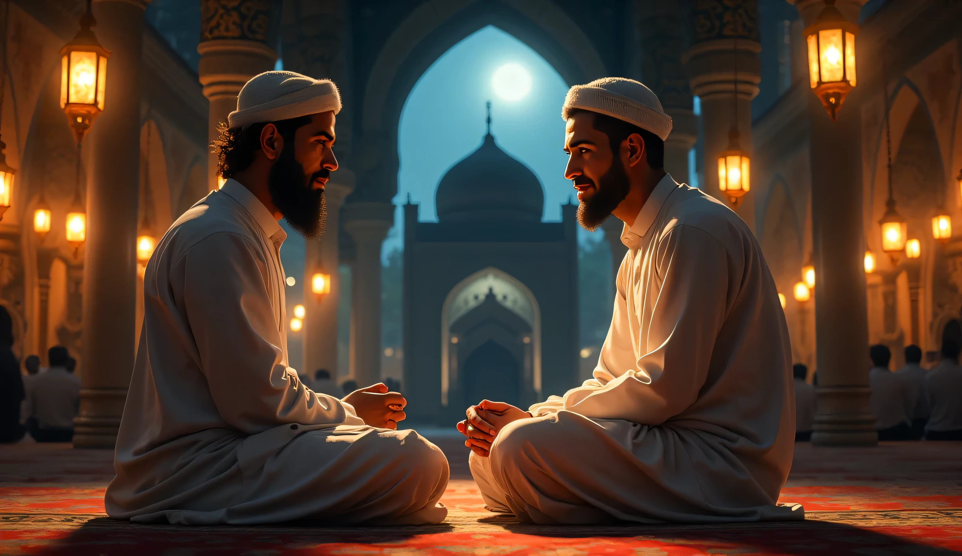 3 muslim person sitting and discussing full body image only persons no other objects male persons only