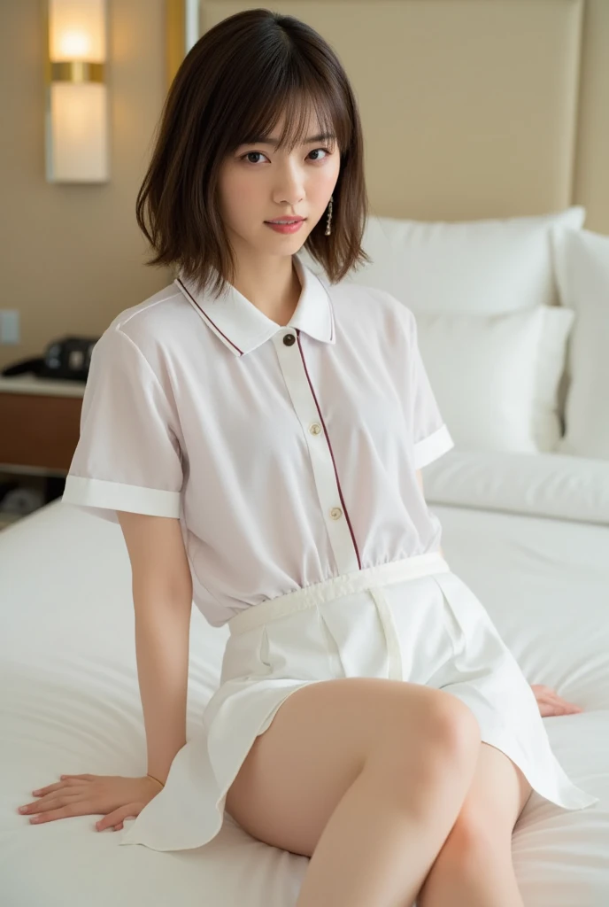 (Highest quality:1.9)、(High resolution)、Live-action image quality、((19 year old female university student、1 person))、Soft lighting by a professional photographer、Natural light、((Very spacious white luxurious room:1.6))、((Bright white room:1.6))、(Standing in front of a very luxurious white bed:1.2)、(White bookshelf background:1.1)、Natural soft light、((Black Hair Color:1.1))、Fair skin、Detailed Eyes、double eyelid、Slightly puffy cheeks、((Small Face:1.0))、((White lace short sleeve shirt、Please wear it with the chest open.:1.7))、((White checked skirt))、(Cute Smile)、((Girly pose 1.8))、((Straight medium-long hair:1.1))、((Full Body Shot:1.2))、((Height: 145cm))、Hands in front、Hold hands between legs、bangs、