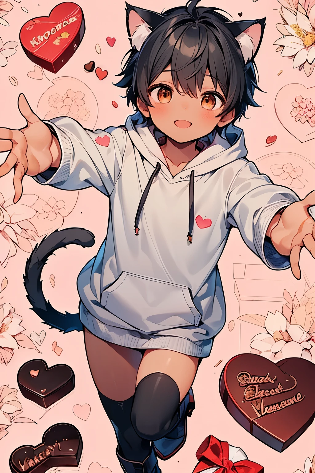 ((A boy:1.3)),((handsome:1.3)),((solo:1.3)),((black hair:1.25)),((short hair:1.25)),((brown eyes)),(light step:1.0),(beige long sleeves cat ears hoodie:1.1),(long sleeve lace-shirt:1.1),(outstretched arms:1.1),//,((Flower garden and heart pattern background:1.1)),,((heart-shaped gift box:1.2)),(looking viewer:1.0),(open your mouth:1.1),(open to mouth:1.0),smile,(top view:1.0),((platform boots:1.0)),((dark skin body:1.35)),((ribbon body wrapping:1.0),((cat tail:1.2)),(close up face:1.0),((heart chocolate:1.1)),(Valentine:1.0),(Many chocolate:1.1),
