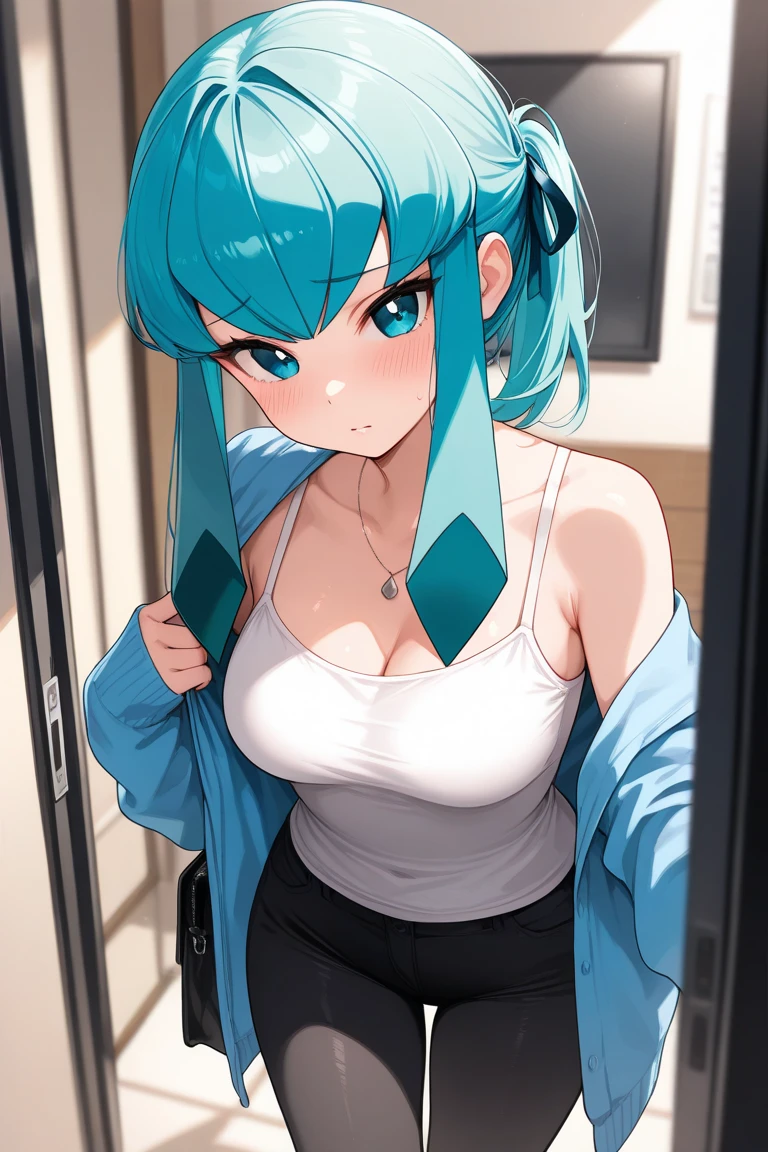 NSFW,masterpiece,Highest quality,High resolution,Super detailed,dawn_\(pokemon\),blue eyes, Blue Hair, Long Hair, Side Lock, Hair Clip, Beanie, Black Dress, No sleeve, Pink Skirt, scarf,Embarrassed,blush,Shopping mall,Lingerie Shop,Underwear section