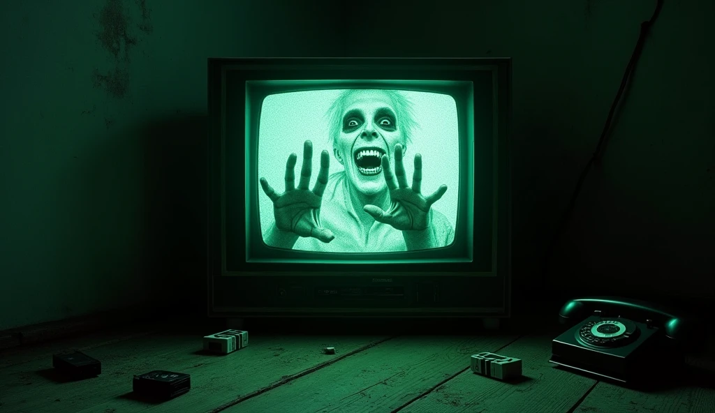 A terrifying vintage television from the 1970s flickers with eerie static, its screen displaying a distorted, ghostly figure with hollow eyes and an unnaturally wide grin. The figure appears to be reaching out from the screen, its glitching, elongated fingers breaking the boundaries of reality. The TV is surrounded by a dimly lit, abandoned living room with a heavy analog horror aesthetic—dark shadows creeping along the walls, an old rotary phone off the hook, and VHS tapes scattered on the dusty wooden floor. The colors are dark and moody, with a sickly green and static-blue glow emanating from the screen, casting unsettling shadows. The overall vibe is unsettling, mysterious, and deeply disturbing, evoking themes of lost media and cursed broadcasts.