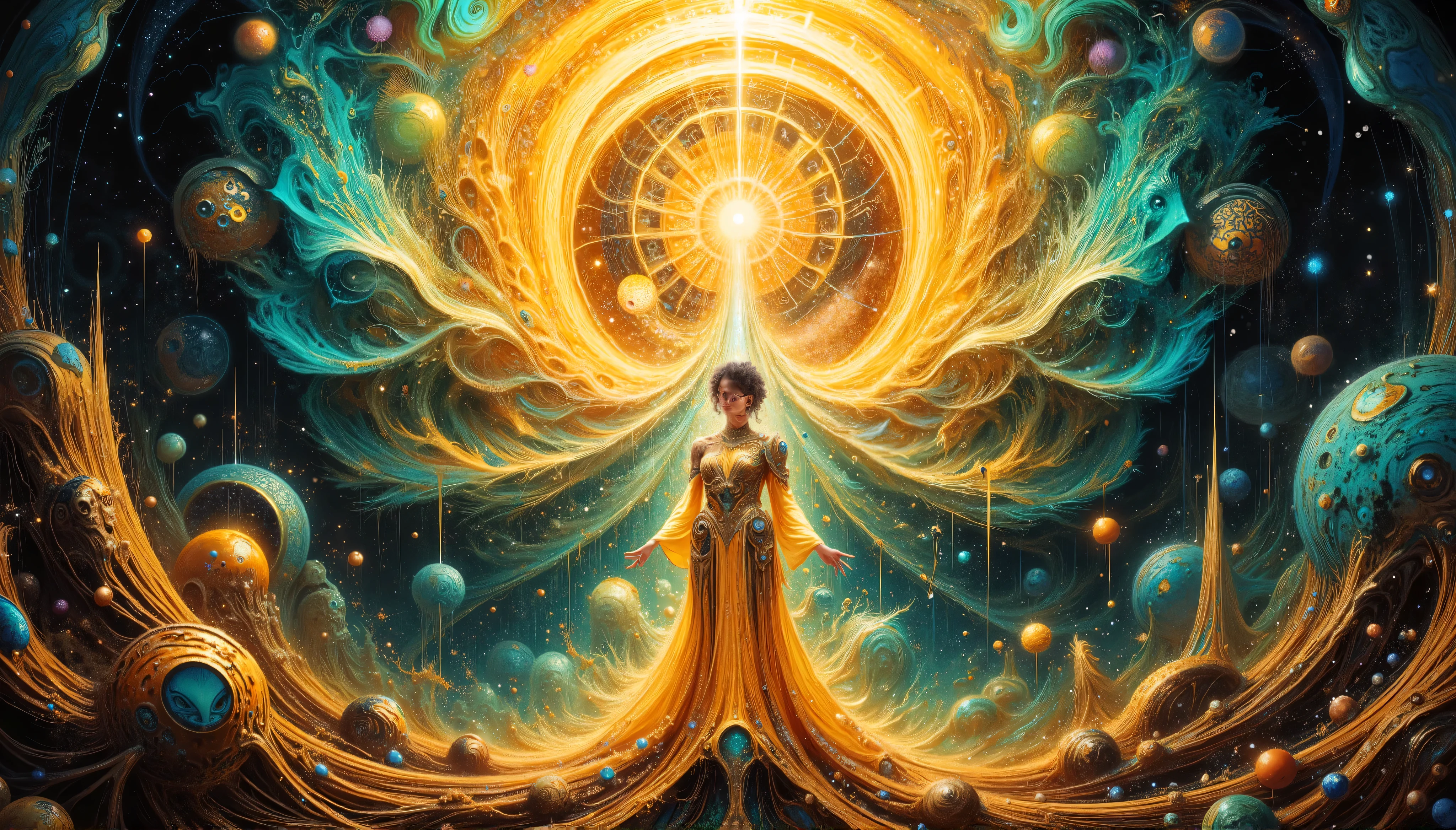 A serene, yet captivating digital artwork, blending the paradoxical harmony of chaos and order, reminiscent of the surrealist masterpieces of Salvador Dali, H.R. Giger, and Zdzisław Beksiński. A luminous, otherworldly female figure, draped in a flowing, diaphanous gown with an intricate, gold and teal pattern, adorned with mesmerizing zentangle doodles, stands poised at the center, radiating an aura of balance amidst the turmoil. Her delicate form is bathed in a soft, ethereal glow, as if illuminated by the gentle light of a thousand celestial bodies. The backdrop features a breathtaking, swirling vortex, evoking the melting, dreamlike quality of oil on canvas, with bold, vibrant brushstrokes and a predominantly matte finish, inviting the viewer to step into the realm of the surreal.