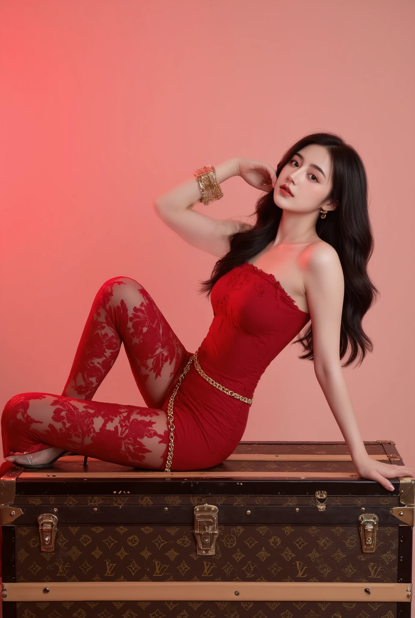 A woman wearing a form-fitting red lace dress that seamlessly covers her legs with sheer, intricate floral patterns. The dress is strapless, highlighting her shoulders and collarbone, and features a golden chain belt wrapped around her waist, adding a touch of elegance and luxury. She is seated on a large Louis Vuitton trunk with the iconic monogram pattern, leaning back on her arms to accentuate the curves of her body in a seductive yet graceful pose. Her legs are elegantly crossed, showcasing transparent high heels that blend subtly with her outfit.

Her hair is long, voluminous, and styled in glamorous loose waves cascading over her shoulders with a glossy black shine. Her makeup is bold and flawless, emphasizing her striking red lipstick that matches her dress perfectly. She wears a golden cuff bracelet on her right arm, adding a touch of sophistication to her look, along with delicate gold earrings peeking through her wavy hair.

The background features a smooth gradient of warm hues, blending from deep red to soft orange, creating a sensual and dramatic atmosphere. The lighting is meticulously placed, casting soft shadows to enhance the contours of her figure while giving her skin a luminous, porcelain-like glow. The scene exudes elegance, confidence, and a timeless sense of glamour --v 5 --ar 2:3 --q 2 --style 4c