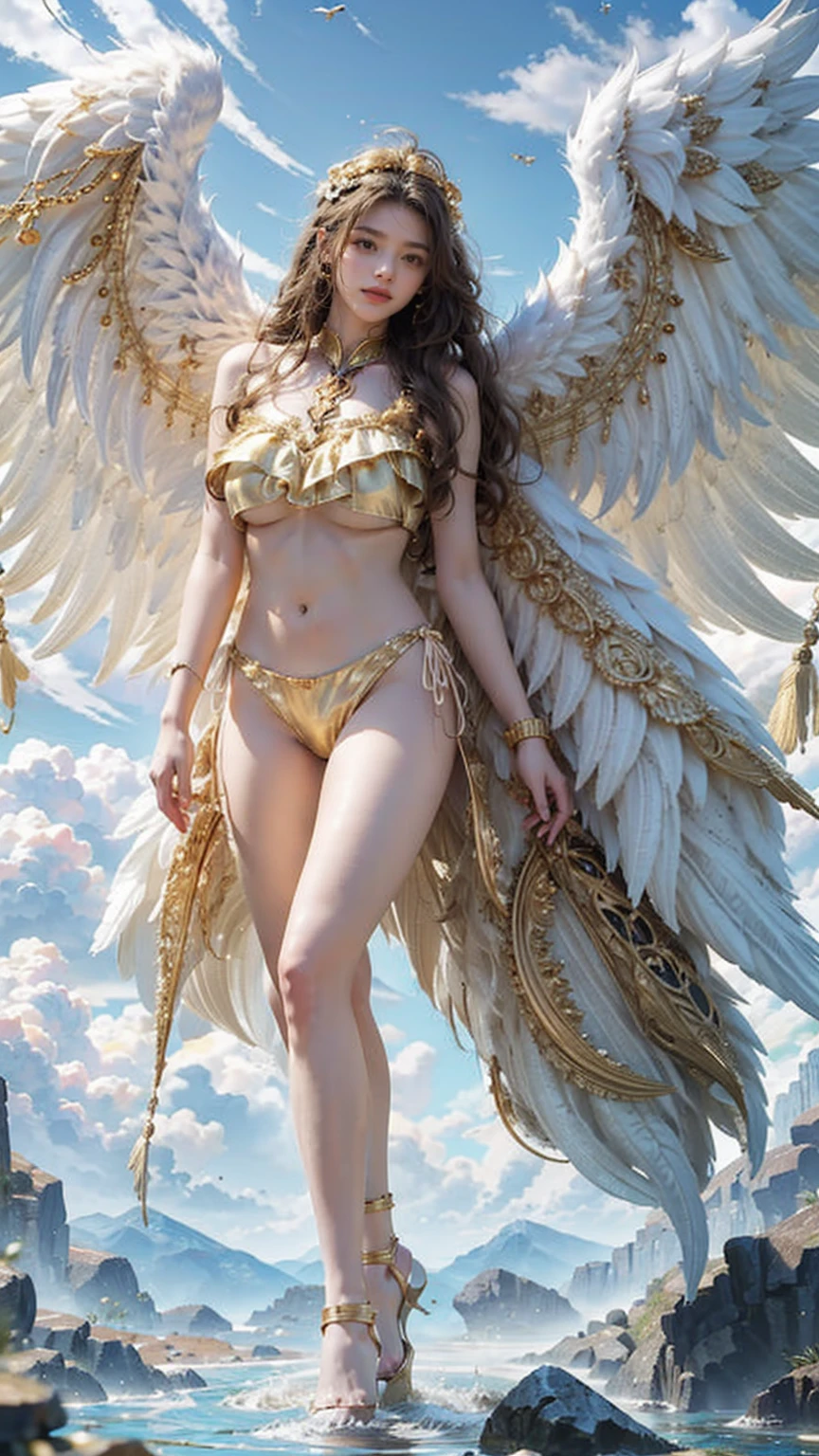 8k, best quality, Masterpiece, Ultra high resolution, (realism: 1.4), original photo, (Realistic skin texture: 1.3), (Film texture: 1.3), ( มุมระยะfar ) , 1 girl, goddess , Please smile. , looking down., look at viewer, A long, white fairy dress with a pronounced tree branch pattern.. , Beautiful Eyes and Facial Details, Masterpiece, best quality, far , See every part of the body. , looking at the audience , bright