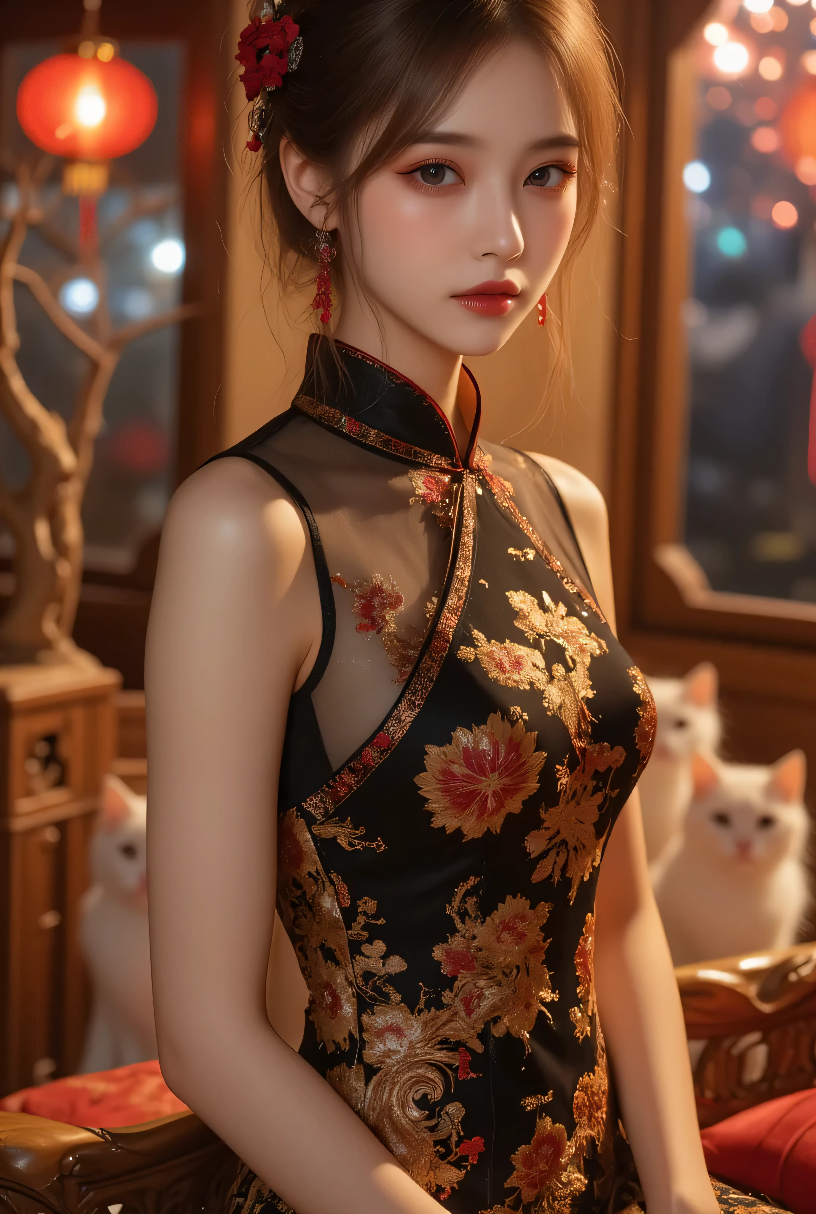 View from front bottom, A close-up, head-and-shoulders portrait of a beautiful Korean idol with fine facial features and a ponytail, wearing a red-black-green-blue-transparent-silver-gold short cheongsam with some black-transparent sections, adorned with intricate gold or silver phoenix and floral embroidery. She stands gracefully in a warmly lit room featuring a vintage fireplace and traditional Chinese New Year decorations, including vibrant red lanterns, decorative calligraphy scrolls, a small Chinese orange tree with golden ornaments, and several red envelopes scattered across the floor and hanging from the tree. Adorable, playful cats are part of the scene—some sitting near the tree, others curiously pawing at the red envelopes or lounging around. Through a window or an open door in the background, vibrant Chinese fireworks light up the night sky in an array of reds, golds, and blues, casting a magical glow into the room. The idol’s outfit is complemented by subtle accessories like red hairpins or earrings and a few pretty Chinese hair accessories, along with pink lipstick, enhancing her festive look. The atmosphere is warm and lively, filled with the joyful essence of the celebration, highlighted by dramatic, chiaroscuro lighting, deep contrast, pleasant colors, and intricate, elaborate patterns, creating a super-detailed, realistic 8K cinematic composition.