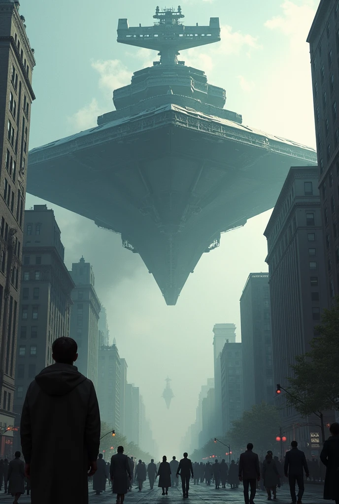 A , An unidentified flying object in the form of an incredibly large Star Destroyer suddenly pops up , detailed details, A terribly large Emperor Class Star Destroyer appearing in the sky above New York City Building Street