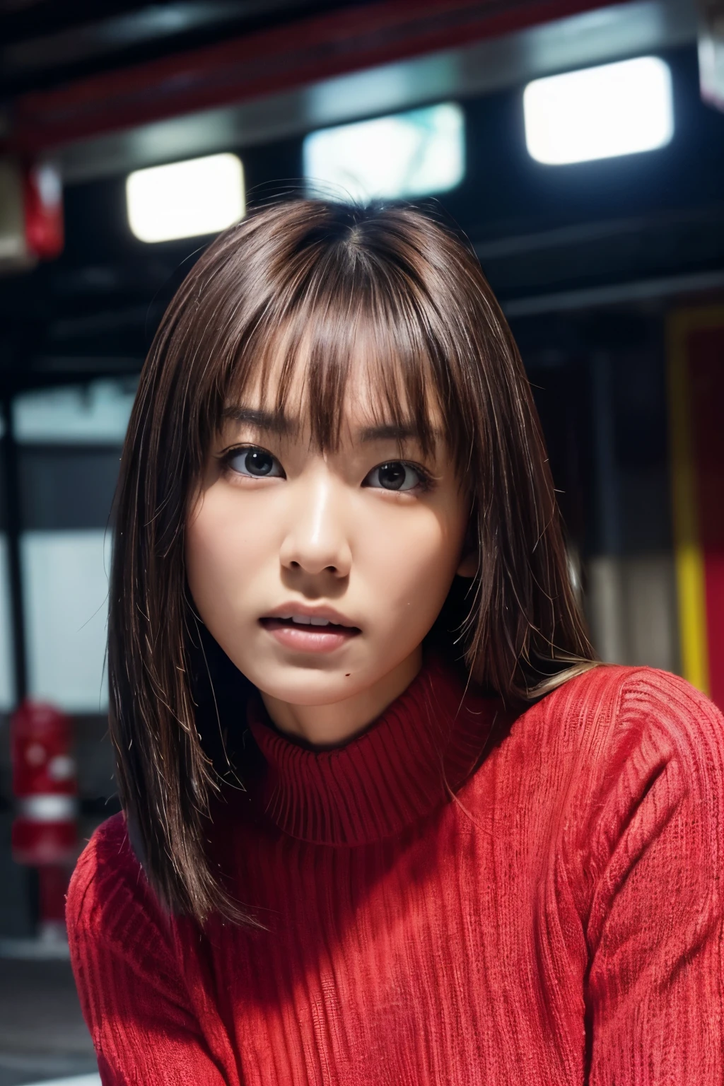 ( masterpiece:1.2), very detailed, ultra high resolution, ( by Nomi, photo by Nomi:1.37), high resolution raw color photo of inside the car, pro pics, dramatic lights , sharp concentration:1.2, ( very detailed顔と肌の質感, very pretty eyes, shiny skin, Glowing Skin, Glowing Skin, Shining Face , Gloss, oily skin, Oily face, oily skin, Oily face, 強いGloss), perfect anatomy, high definition background , female 1 person, Big boobs , Japanese woman, ( medium hair , straight hair , bangs:1.3, brown hair), (Lost weight:.0), ( file:1.3), Portrait photo of a woman 、 upper body, ( blurry background、 station platform), from before 撮った写真、 from before 、 staring at the camera、( angry:1.5), ( head tilt:1.3), (bright red tunic sweater)