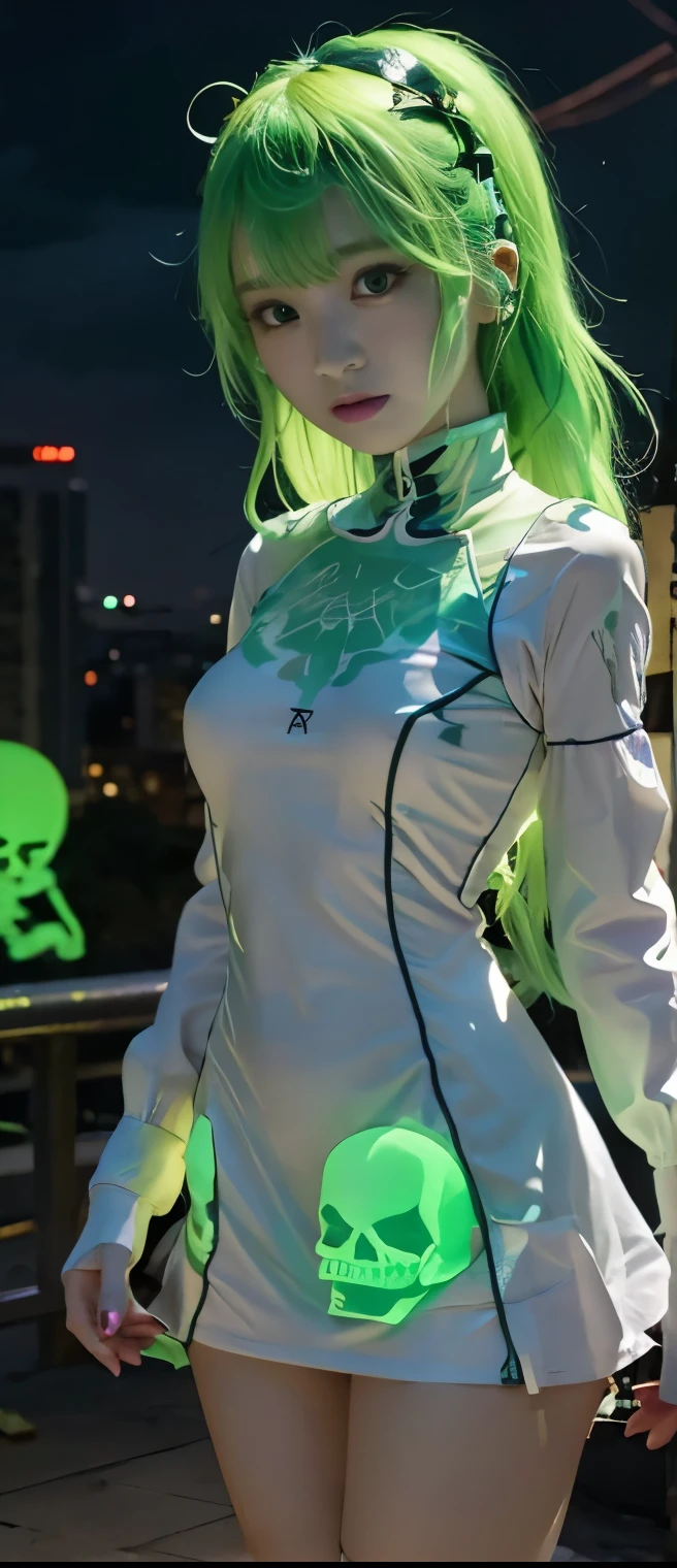 Pure Ghost Idol Girl （ Fluorescent Green Hair ）、A pure girl's face、 hypo、 Thunder Skeleton Print Tight Mini Dress、、、、Glowing Skeleton Thunder 、