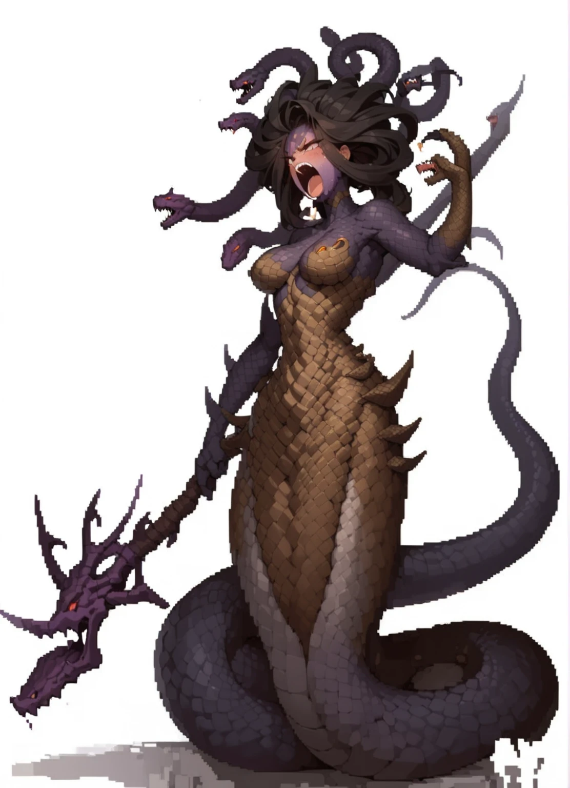 Lamia, long snake tail, cleopatra hair, extreme muscle, big breasts, 4 arms, full body.