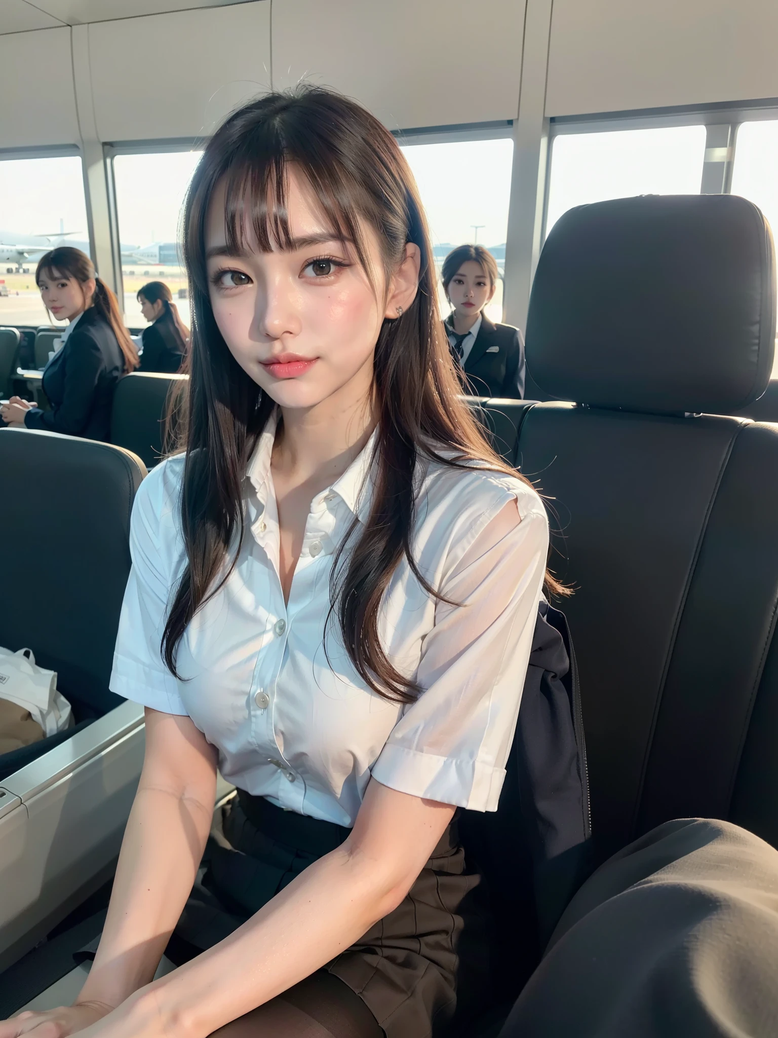 top-quality、Full body portrait、cinematic texture shot quisiteface、美丽的面容、30-year-old woman with、A smile、slim figure、OL Uniform、Office wear、Business suits、pencil skirts、a miniskirt、Inside the bus、Sit on a chair、Lace panties are visible。teats、teats立ってる、The shirt is open、very beautiful udder、Towards the front、spread legswide。Thin leg、bun lux straight hair、poneyTail、shairband、eye glass