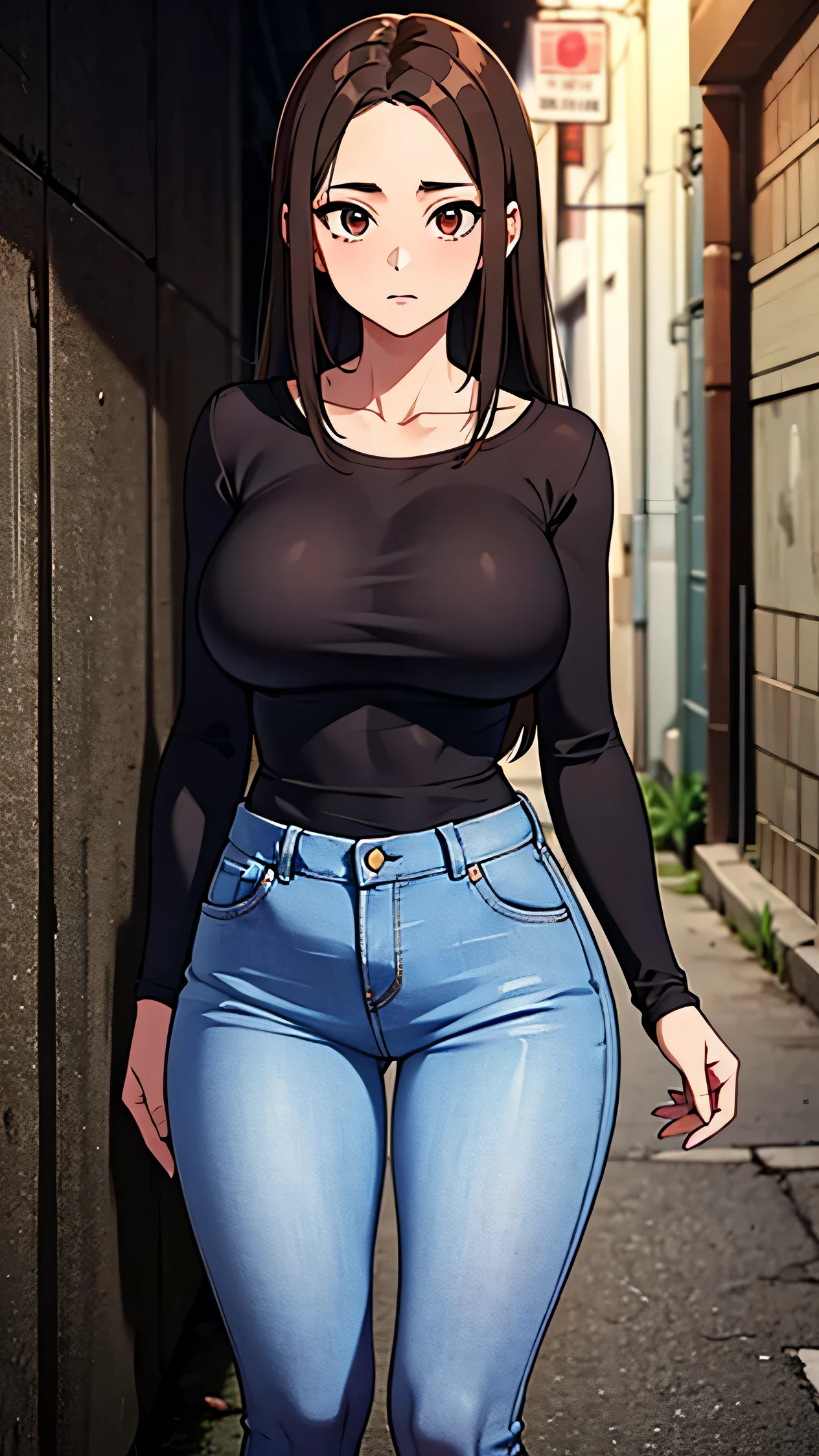 Anime girl in jeans and a black top walking down a street - SeaArt AI