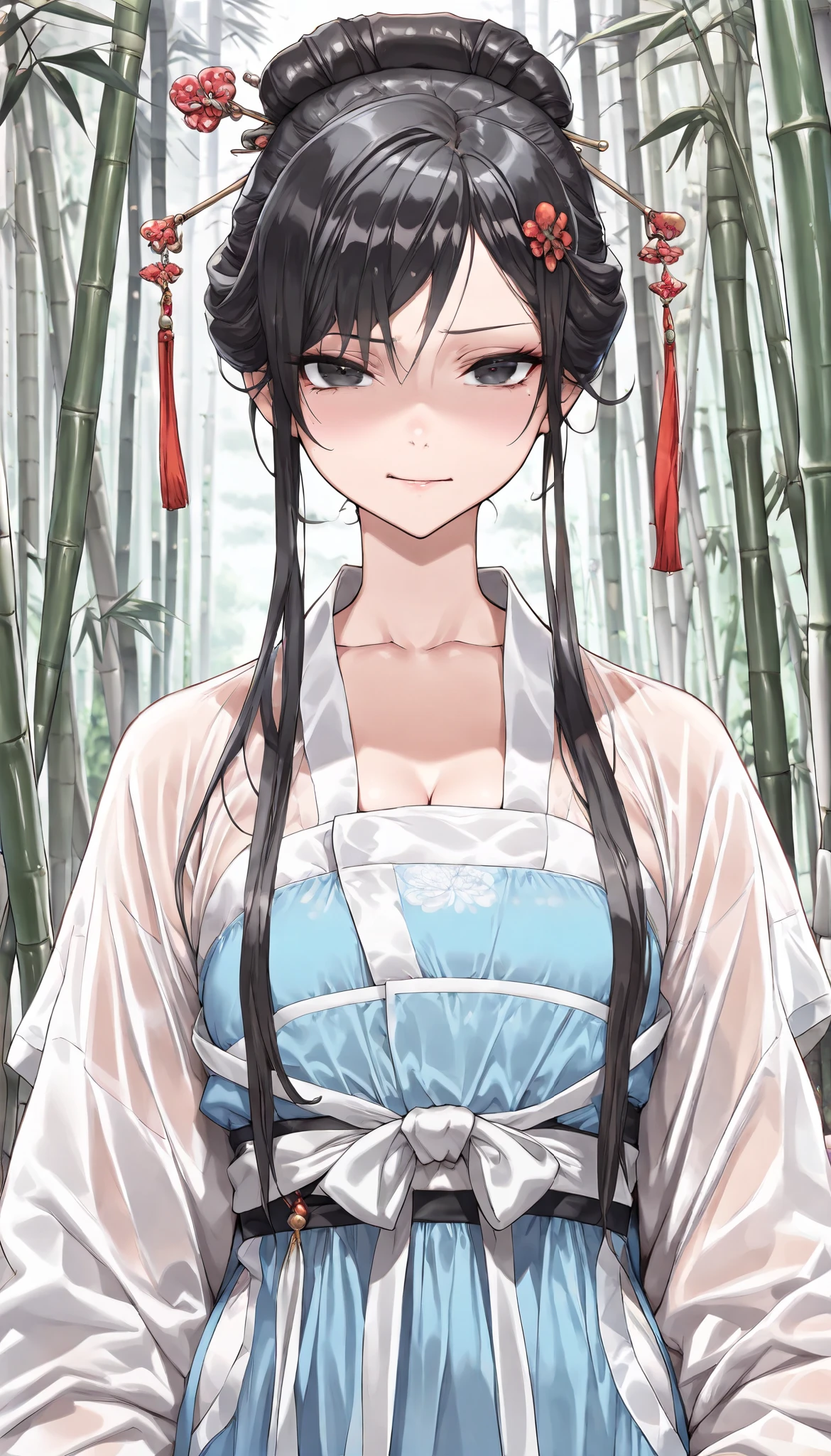 ((best quality)), ((masterpiece)), (detailed), perfect face, ((Best quality, 8k, Masterpiece: 1.3)), Sharp focus, Highly detailed face and skin texture, Detailed eyes, hanfu, Bamboo forest, walk, hairpin, black hair, bun hairstyle