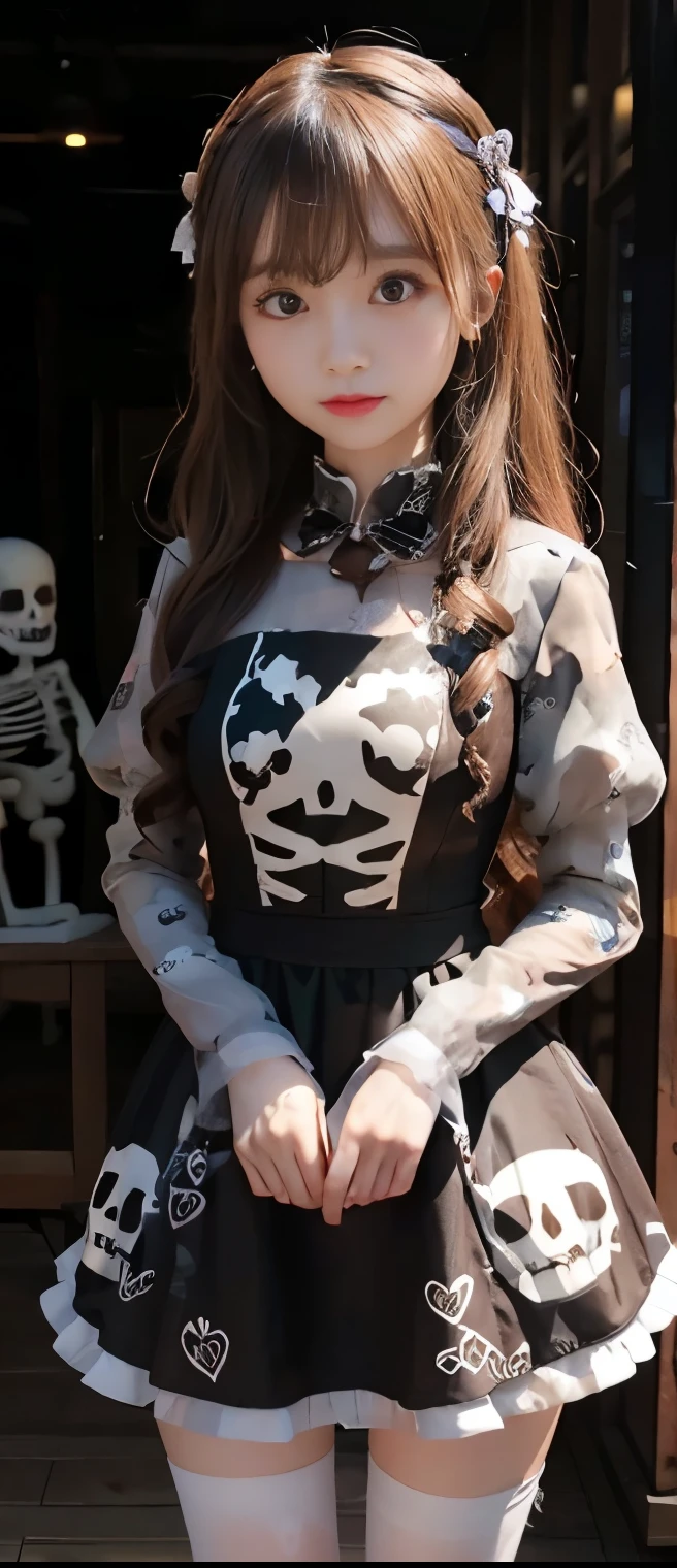 Pure Ghost Idol Girl 、A pure girl's face、 hypo、 Chocolate Skeleton Print Tight Mini Dress、、、、Glowing Skeleton Chocolate 、