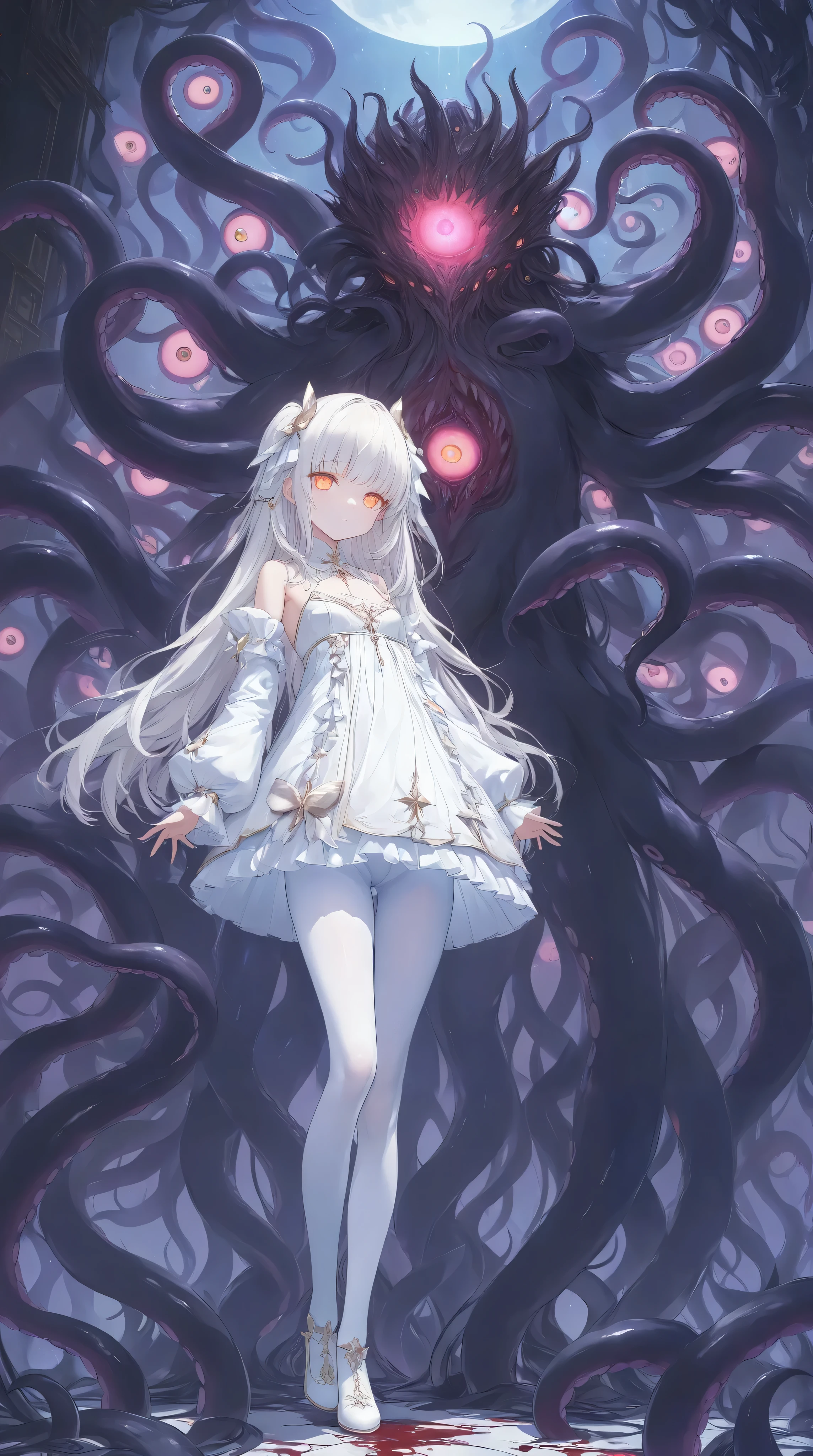 ultra-high resolution ,wallpaper, art book style , full-body photo ,Star, Butterfly,change, white hair ,Straight hair with full bangs, orange eyes,Pink Eyeshadow, Glowing Eyes, small , white pantyhose,A li who is one meter four tall,black palace dress,Fashion changes ,stocking, is expressionless ,gaze, stands,Head tilt, long hair,(A flesh-and-blood monster with many eyes and tentacles), height detail, cinematic lighting, surreal atmosphere , bright color , 8k resolution,Show the sole of the foot,Open hands