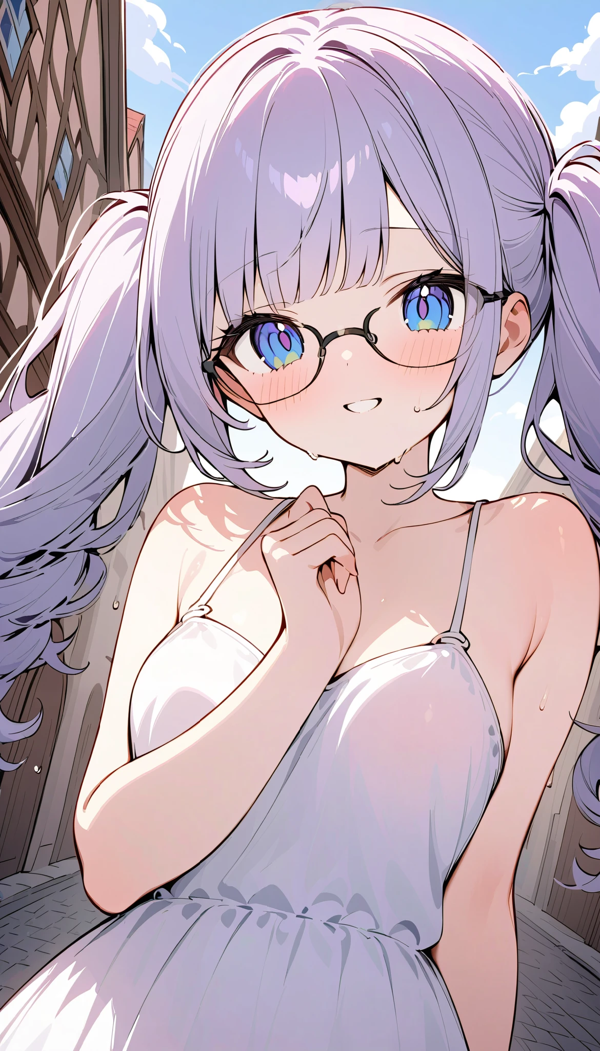 超 Hi-Res、retina、 Masterpiece、correct、Anatomically correct、 textured skin、 super detailed、 high detail、 high quality、 Hi-Res、最 high quality、Chest。 very well detailed、 beautiful face、 of tank tops、 Hi-Res、 blunt bangs、 curly hair。 princess cut 。 twin tails、 Silver Hair。 beautiful eyes、 amazingly pretty girl 、Wear glasses、 symmetrical eyes、 gentle smile。 white dress、Medieval European-style street 。
