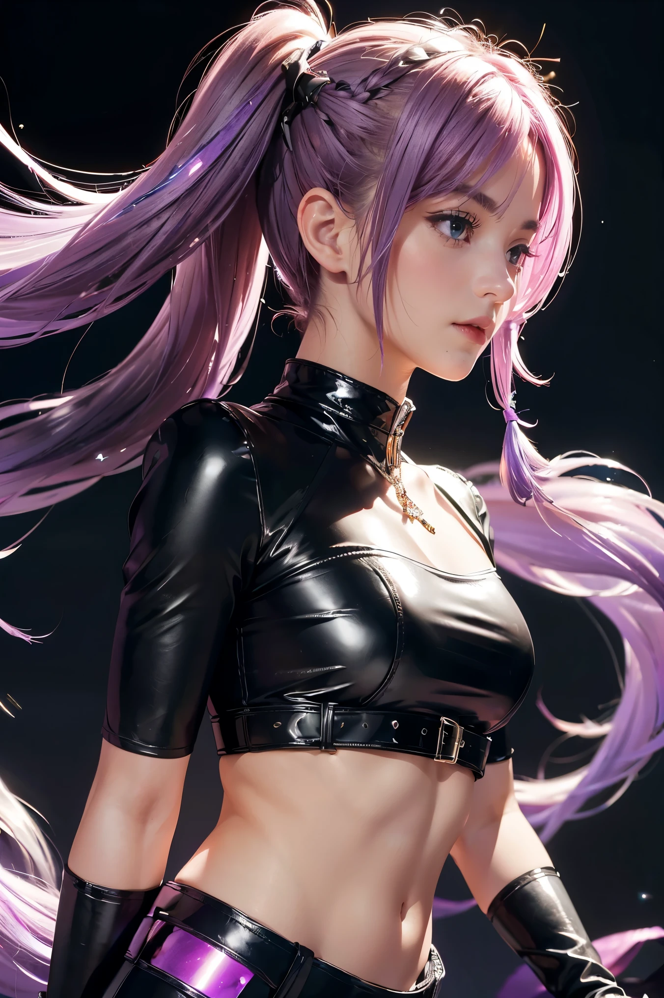 Best Quality, Ultra High Resolution, Cute, (KPOP Idol), (Long Twintail), (Light Purple Hair:1), ((Big Eyes)), Looking at you,
BREAK ((upper body:1.3)), Front View,A character with long, flowing silver hair and a slender build, wearing a black and white outfit that includes thigh-high boots and gloves. The character is in a dynamic pose surrounded by ethereal purple crystals and energy,
The character is in a dynamic pose surrounded by ethereal purple crystals and energy,A character with long, flowing purple hair, wearing a metallic top and black shorts with thigh-high boots. The outfit includes straps and belts, giving it a futuristic or fantasy style. The character is in a dynamic pose with radiant light or energy surrounding them, set against a minimalistic abstract background,