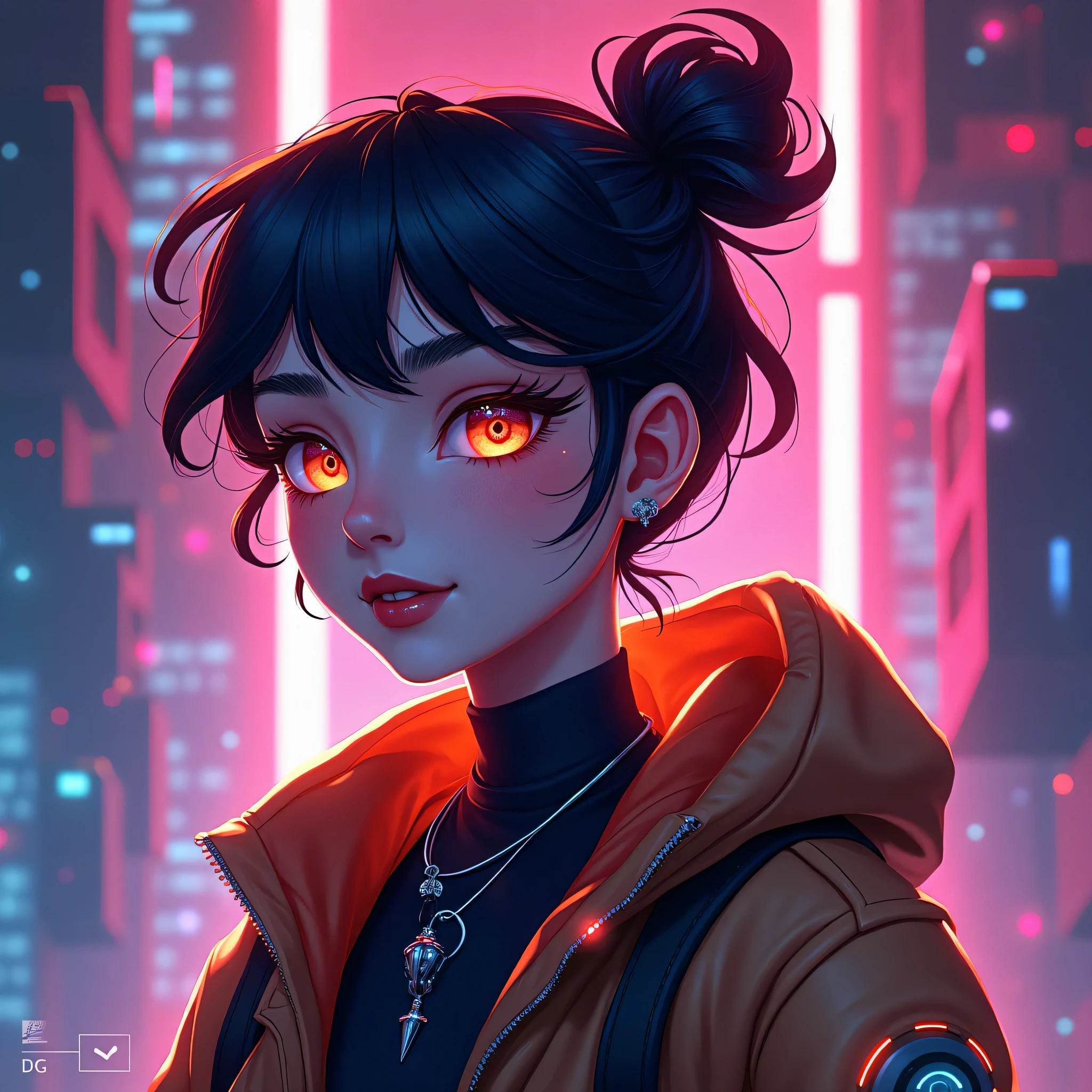 score_9, score_8_up, score_7_up, zvezdochka, mngmst_style,
1girl, bangs, blue eyes, black hair, earrings, red shirt, collarbone, hooded jacket, looking at viewer, eyeliner, ponytail, solo, upper body, cyberpunk, night city, neon lights, holding cigarette,
<lora:zvzd_pdxl-000009:1> <lora:mngmst_pdxl:1>