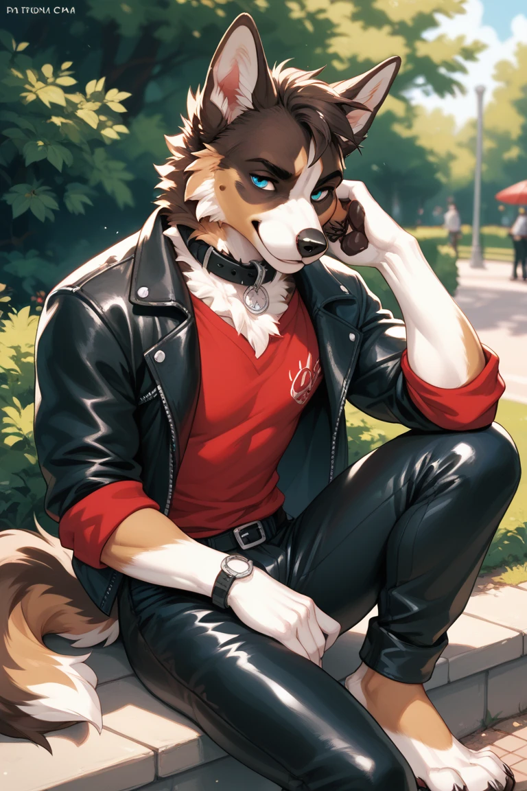 solo, ((Australian shepard)), male, slender, ((twink)), detailed, uploaded to e621, beautiful and detailed portrait of an anthropomorphic boy, short hair, fauxhawk haircut, kenket, uploaded to e621, digitigrade legs, very fluffy detailed fur, detailed fluffy tail, (detailed very thick black eye liner), ribs and hip bones, (detailed punk outfit, torn jeans, leather jacket), police station, handcuffed to chair, sitting in chair, inside, interrogation room, scared, sad, 