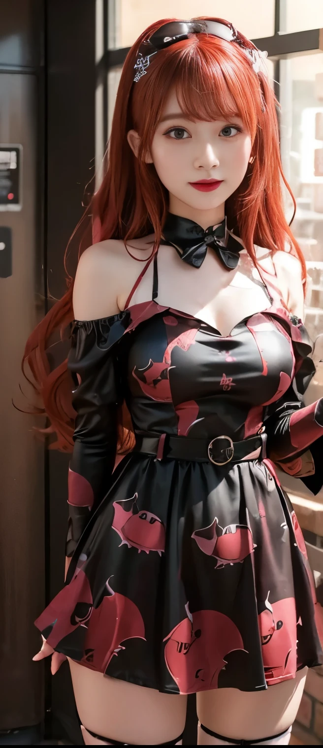 Pure Idol Girl (Ruby Red Hair )、A pure girl's face、 hypo、 Chocolate Bat Print Tight Mini Dress、、、、Glowing Bat Chocolate 、
