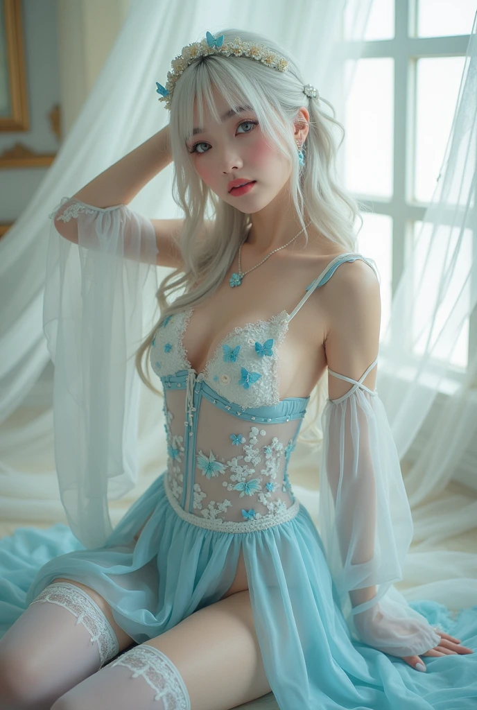 highres,(obra-prima, melhor qualidade), extremamente detalhado, Soft ambient lighting, 1girl, solo, standing, (de baixo), cabelo azul, cabelo longo, twin drills, ornamento de cabelo, olhos azuis, long eyelashes, thick eyelashes, olhando para o espectador, sorriso, vestido branco, mangas de julieta, calcinha sem virilha, levantada por si mesmo, upskirt, cleft of venus
