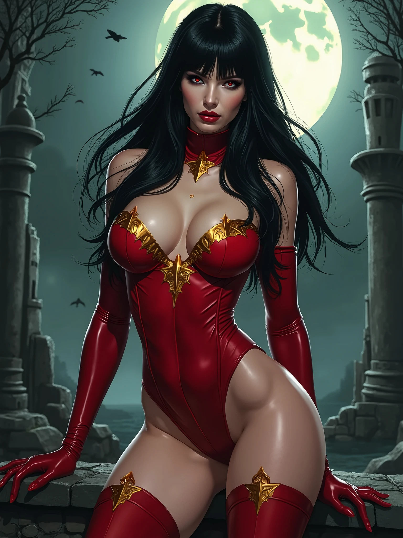 Sensual vampire with red cape, red cloak grande, backwards, huge hair, big hair flying in the wind, red cloak, lights in the background, big full moon, huge full moon in the background, hair on the wind, grande hair on the wind, showing the ass, big-ass, ass to camera, standing, de big-ass 