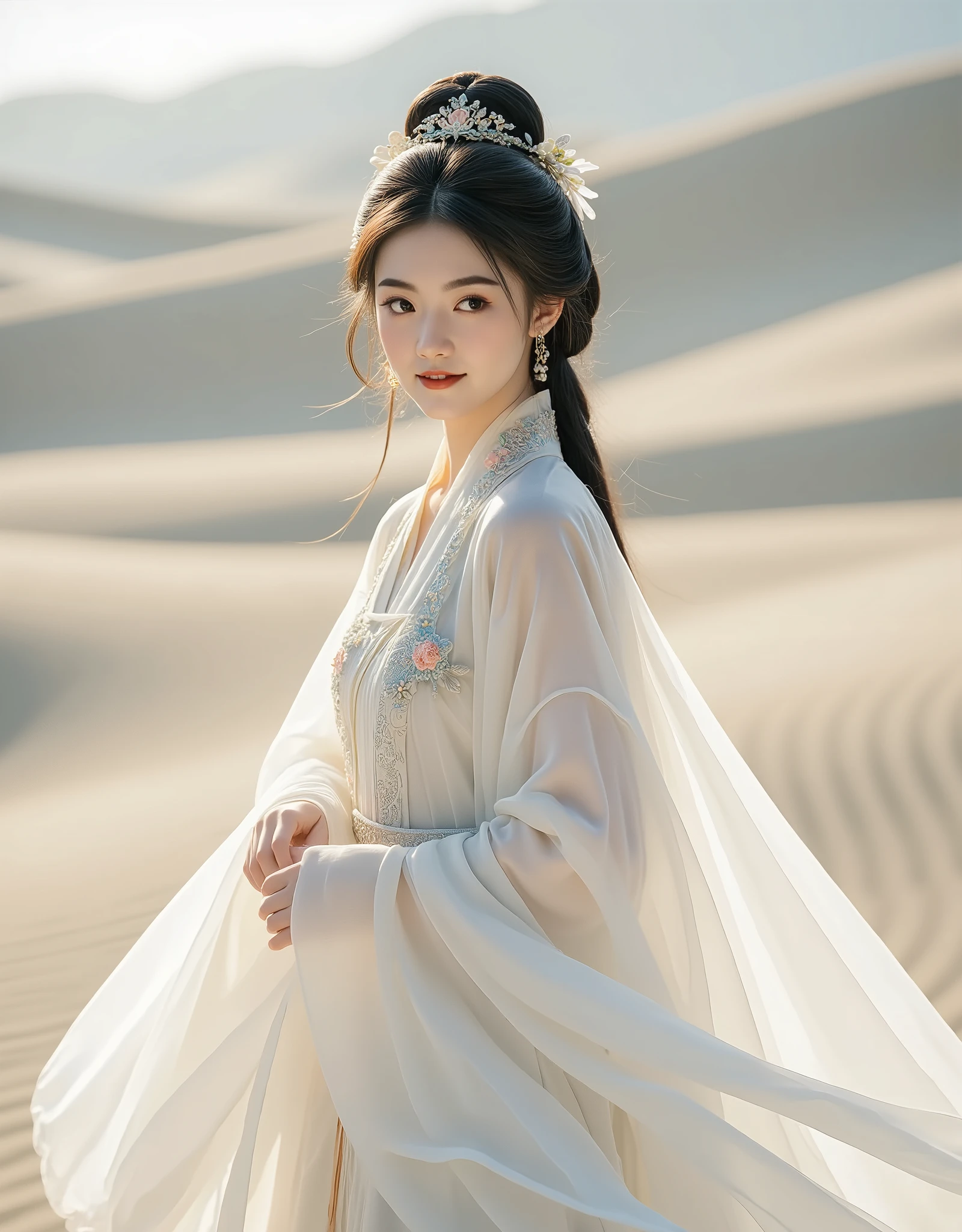 The girl's hair is tied behind in a braid., with (( with a Chinese queen's high hair bow, with a chandelier, flower )) in an entire white antique hanfu dress. , light green long skirt with long fabric, fluttering ((, the back is a desert where )) the full body is smiling