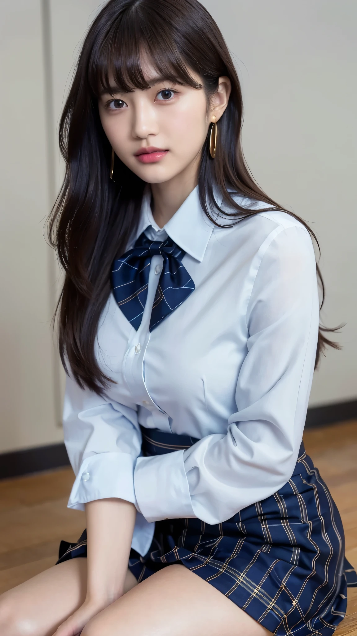 (8K), (highest quality: 1.2), (realistic), (realistic: 1.37), ultra high resolution, 2 girls, cute, angry face, closed mouth, beautiful details, beautiful nose,beautiful hair,college uniform,simple dark blue satin blazer,satin white blouse,A bow tie,pleated skirt,(The pattern of the skirt and tie is a dark blue tartan check pattern.:1.3),(The plaid pattern on the skirt is detailed.:1.2),(Opaque black thigh-high socks:1.4) ,avert your eyes,sit on the bed,cross your legs ,From the side,(close up on thighs)
