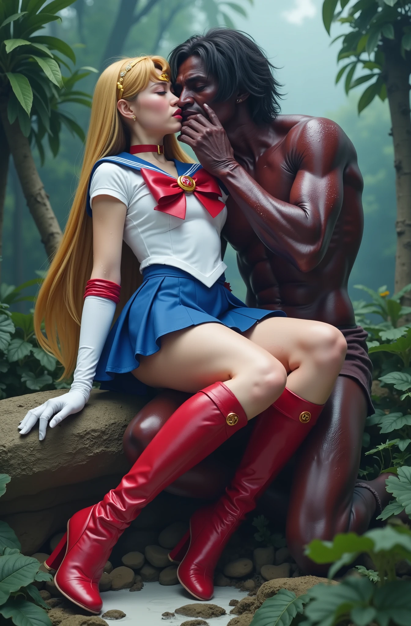 Hyperrealism, masterpiece, highest quality, A young Japanese woman is lying her head on a devil lap, she is unconsciousness and eyes close, painful face, cum on her forehead, a lot of cum on her legs, she is wearing a Sailor Moon costume, Blue sailor collar, Blue mini pleated skirt, she is wearing pleated skirt, blue pleated skirt, Long white gloves, shiny beige color pantyhose, red high boots, Exposed thighs, red long boots, big choker, long blonde Hair, a devil is kneeling sexual assault her, he push his penis inside her mouth, touching her crotch, white cum on her face, in the jungle,