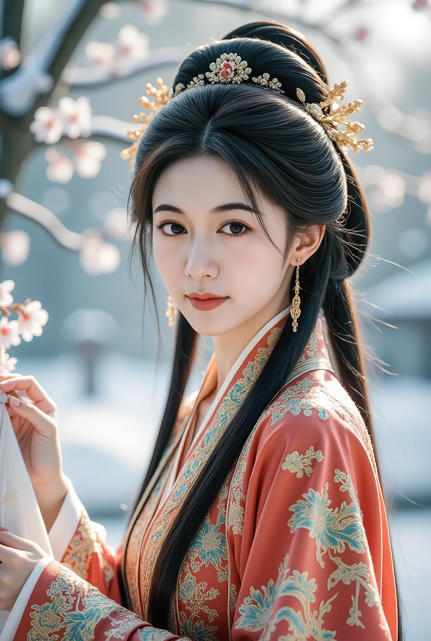QIEMANCN,a photo of woman with a red and gold dress,hanfu,chinese style,grand spectacle,wide viewing angle,high definition,big scene,snowscape,plum blossom,looking at the camera,sharp focus,natural lighting,subsurface scattering,f2,35mm,film grain,1girl,solo,looking at viewer,Best quality,masterpiece,ultra high res,(photorealistic:1.4)เต็มตัว ยิ้ม