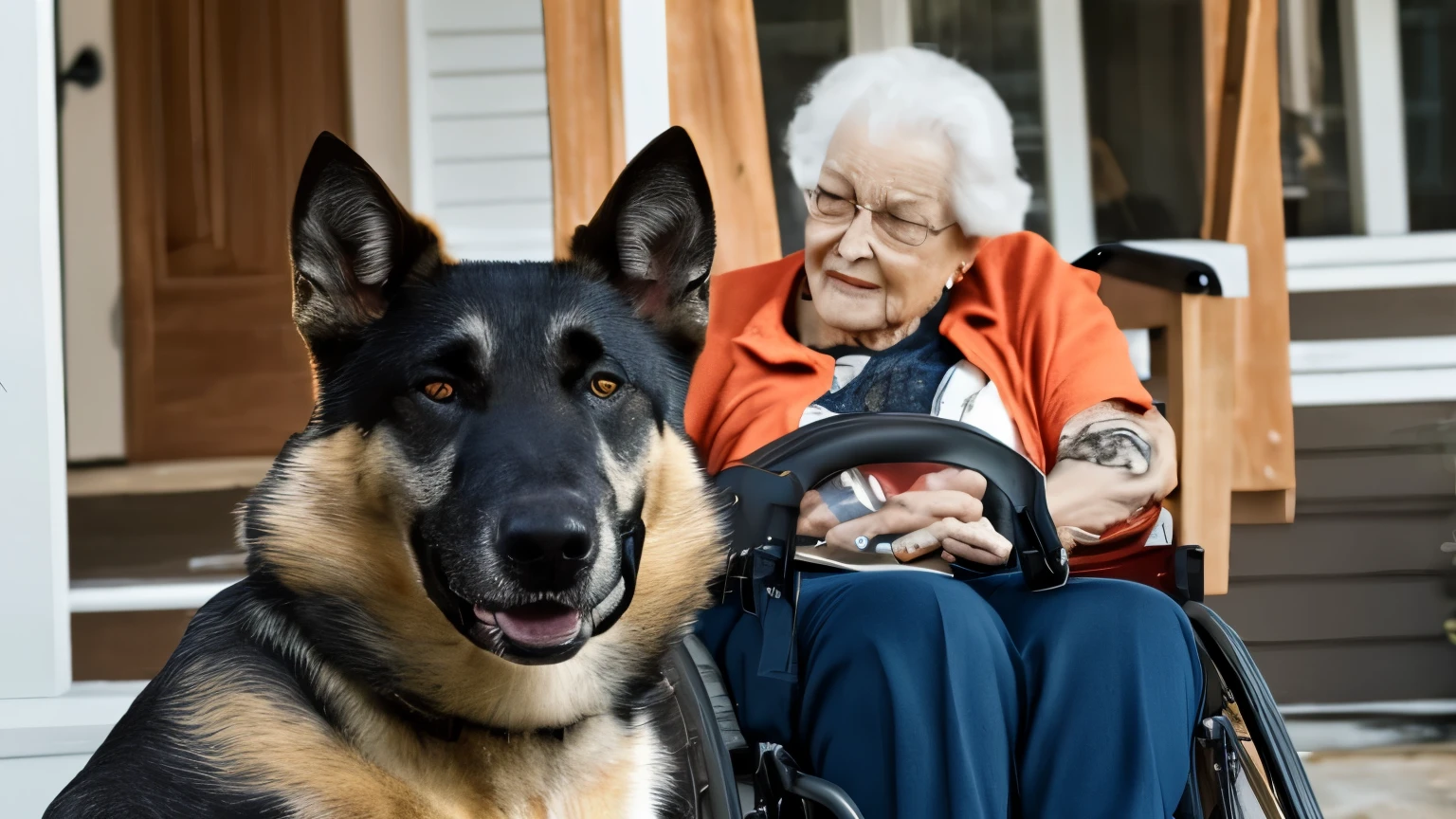 A loyal Malinois with a strong, muscular build sits protectively beside an elderly woman in a wheelchair on a wooden porch at night. .
