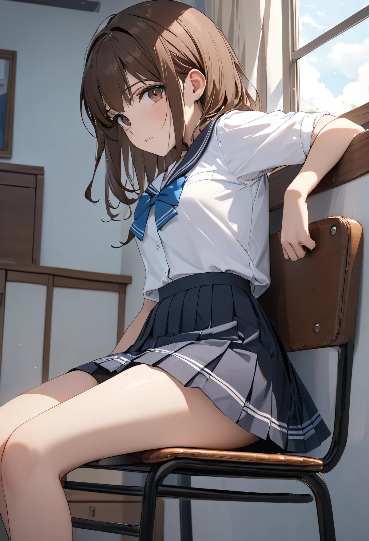 top quality, (8k, top quality, masterpiece:1.2), Hyper details, a girl in a skirt and dress leaning back on the back of a chair, 1girl , Alone, window, skirt, school uniform, brown hair, panties, underwear, indoors