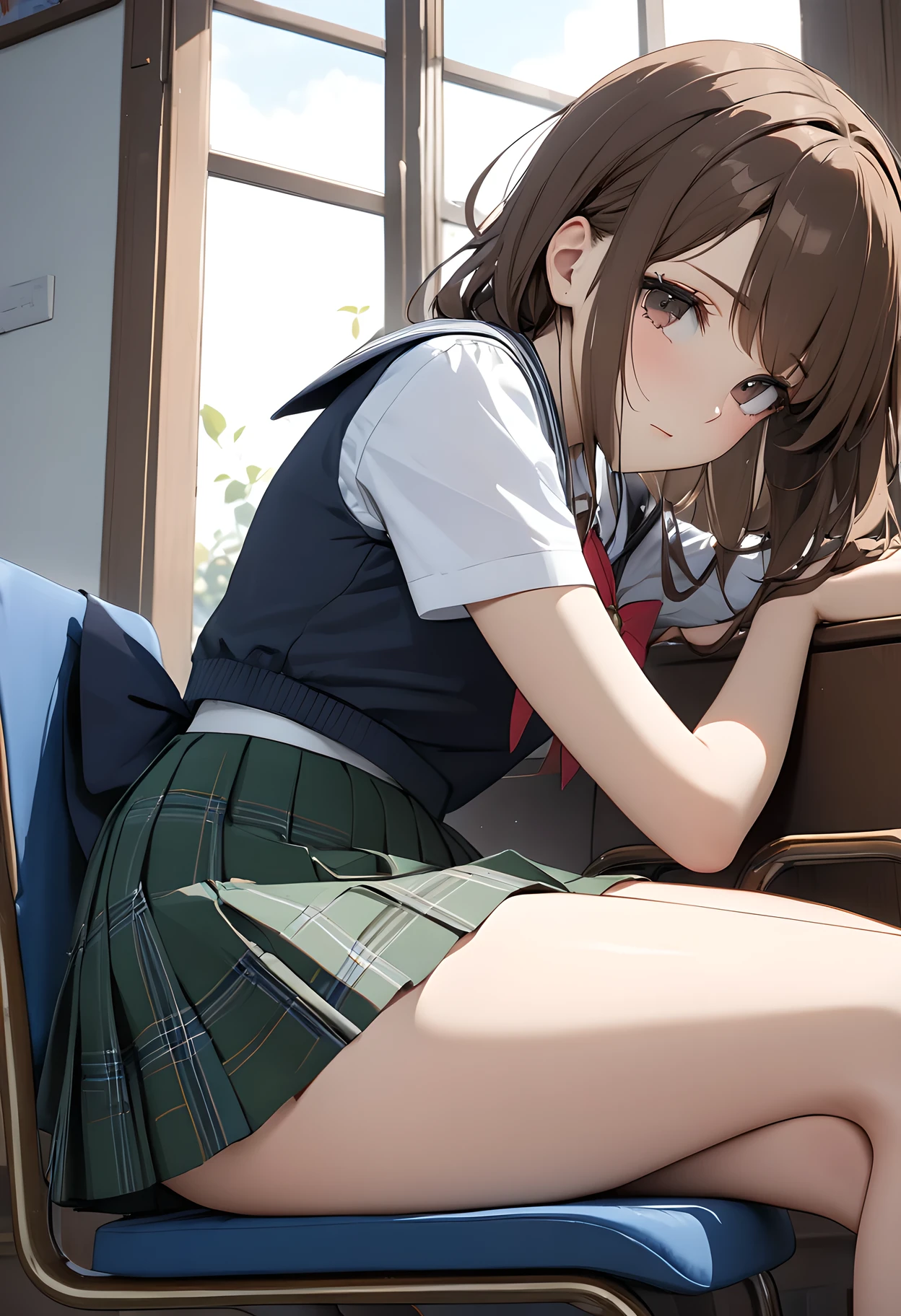 top quality, (8k, top quality, masterpiece:1.2), Hyper details, a girl in a skirt and dress leaning back on the back of a chair, 1girl , Alone, window, skirt, school uniform, brown hair, panties, underwear, indoors