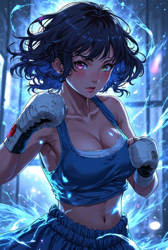 (mature:1.5)woman, small chest, Black hair, crew cut, cotton bandage wrapped around chest, prison pants, bandaged fists, scars over upper body, bloody fists, shock collar, cyan eyes, fighting stance